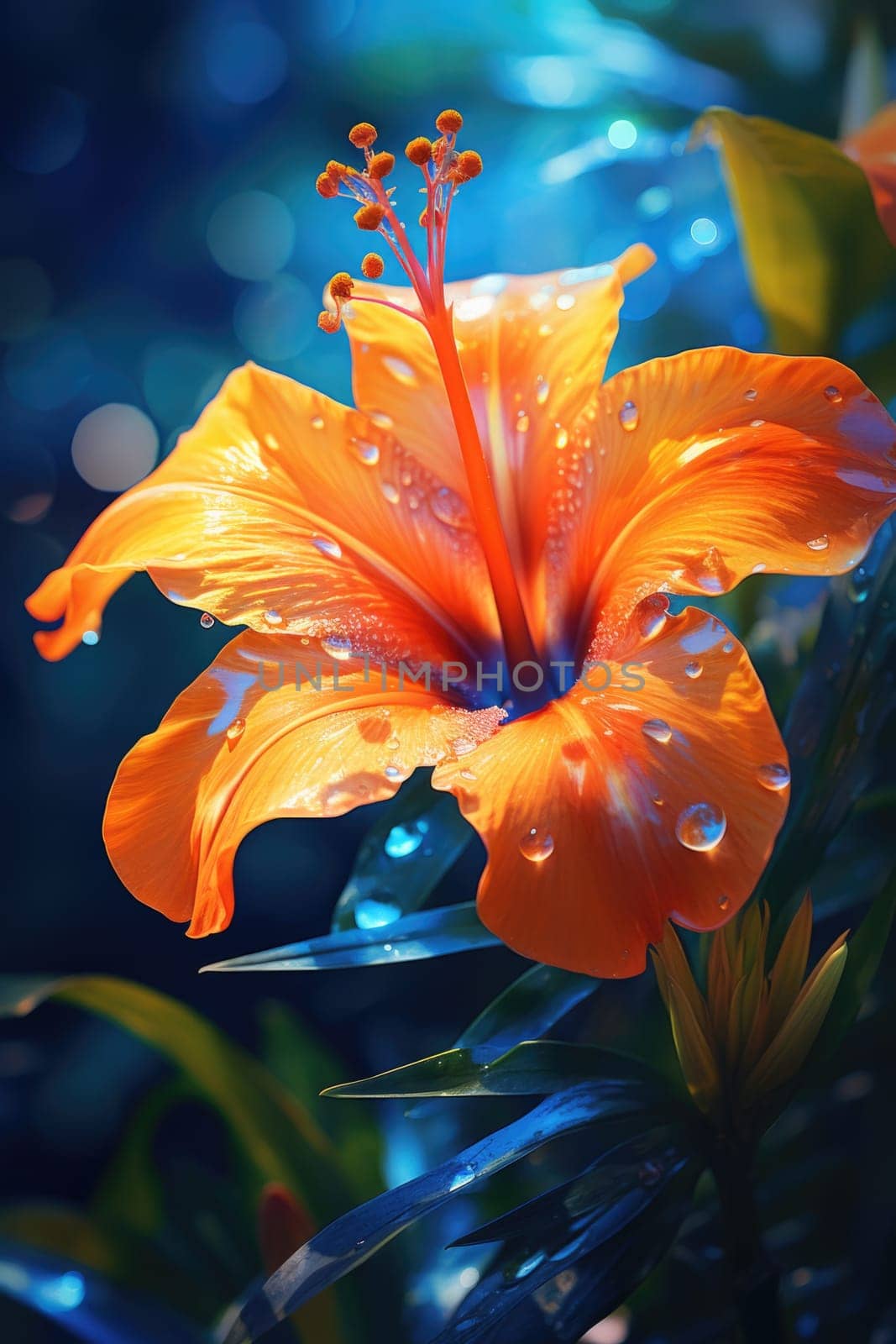 A beautiful orange flower with water droplets on it, AI by starush