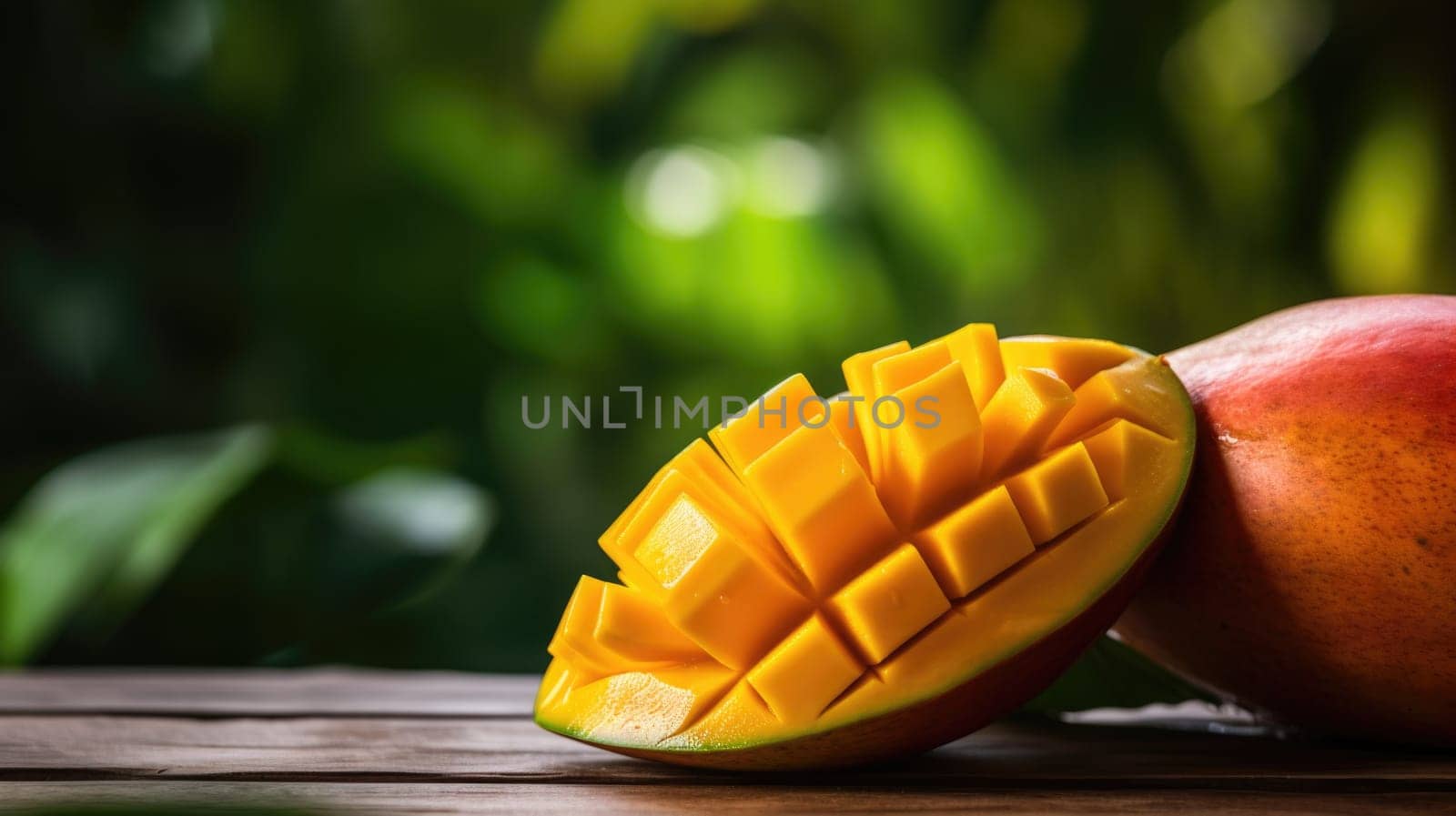 Mango on wooden table with green background
