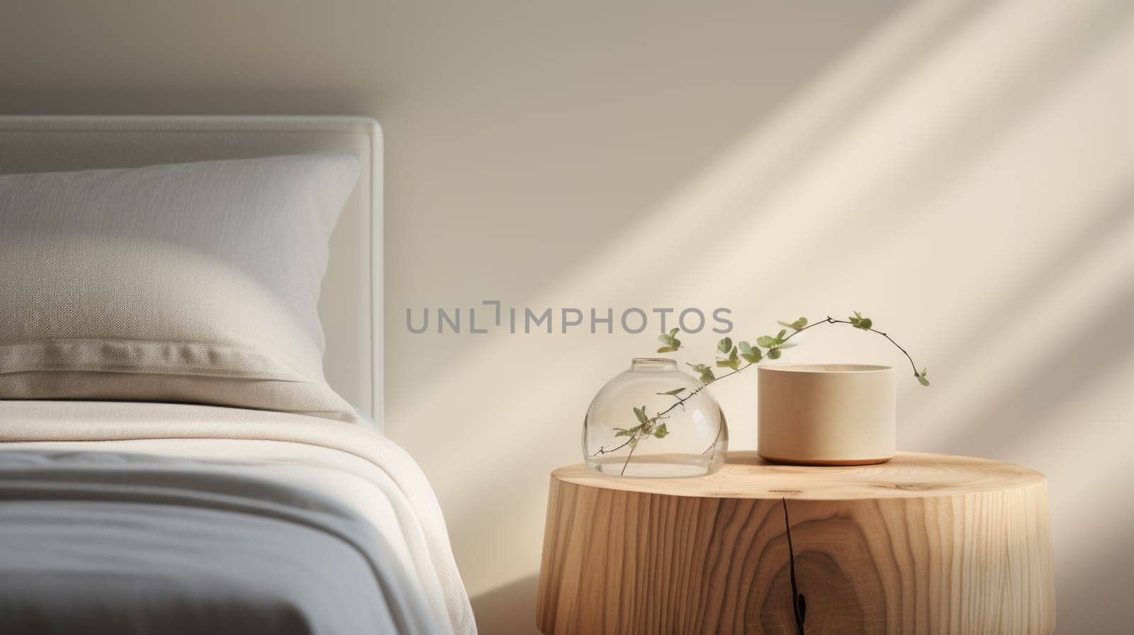 A bed with white sheets and a vase on top