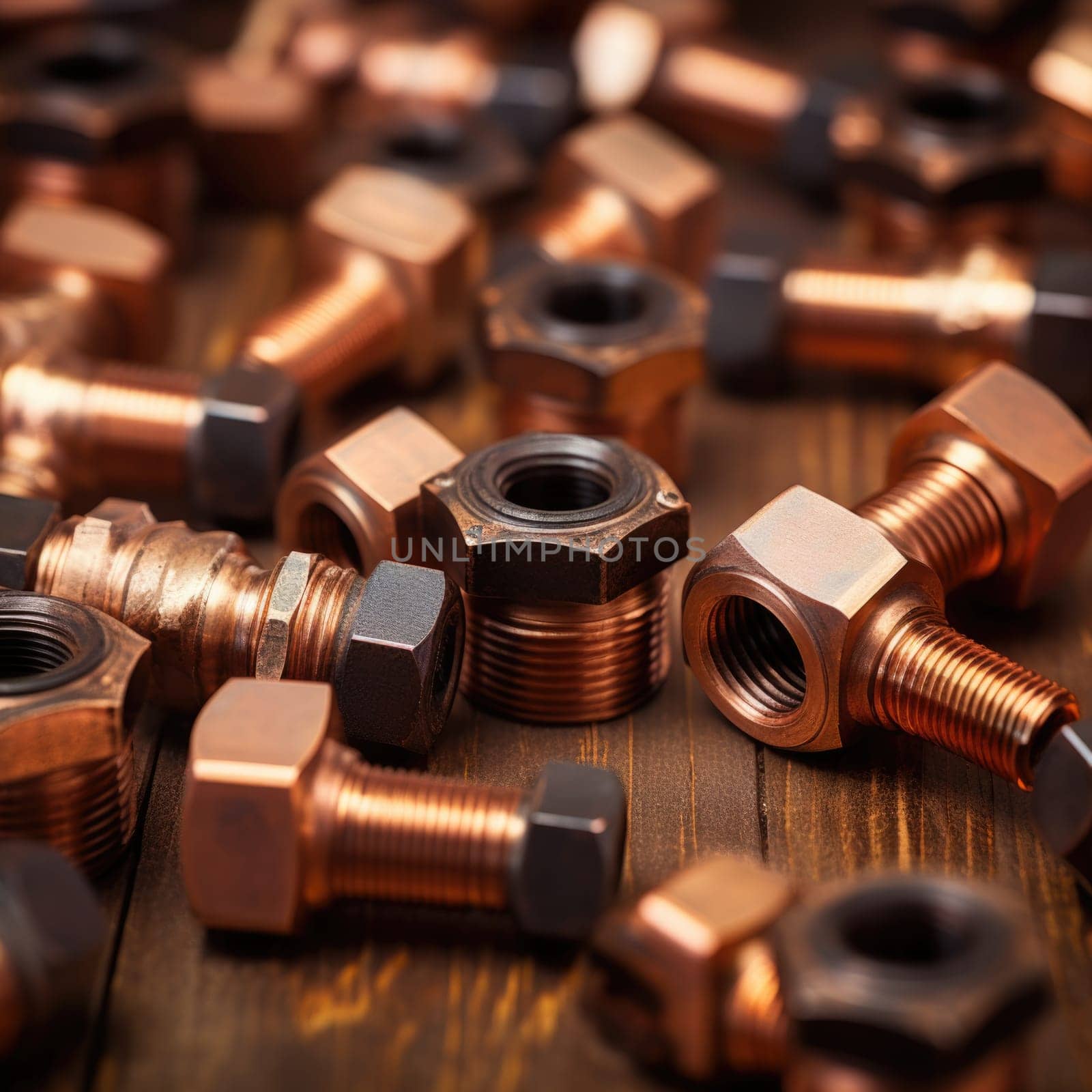 Copper pipe fittings on wooden table