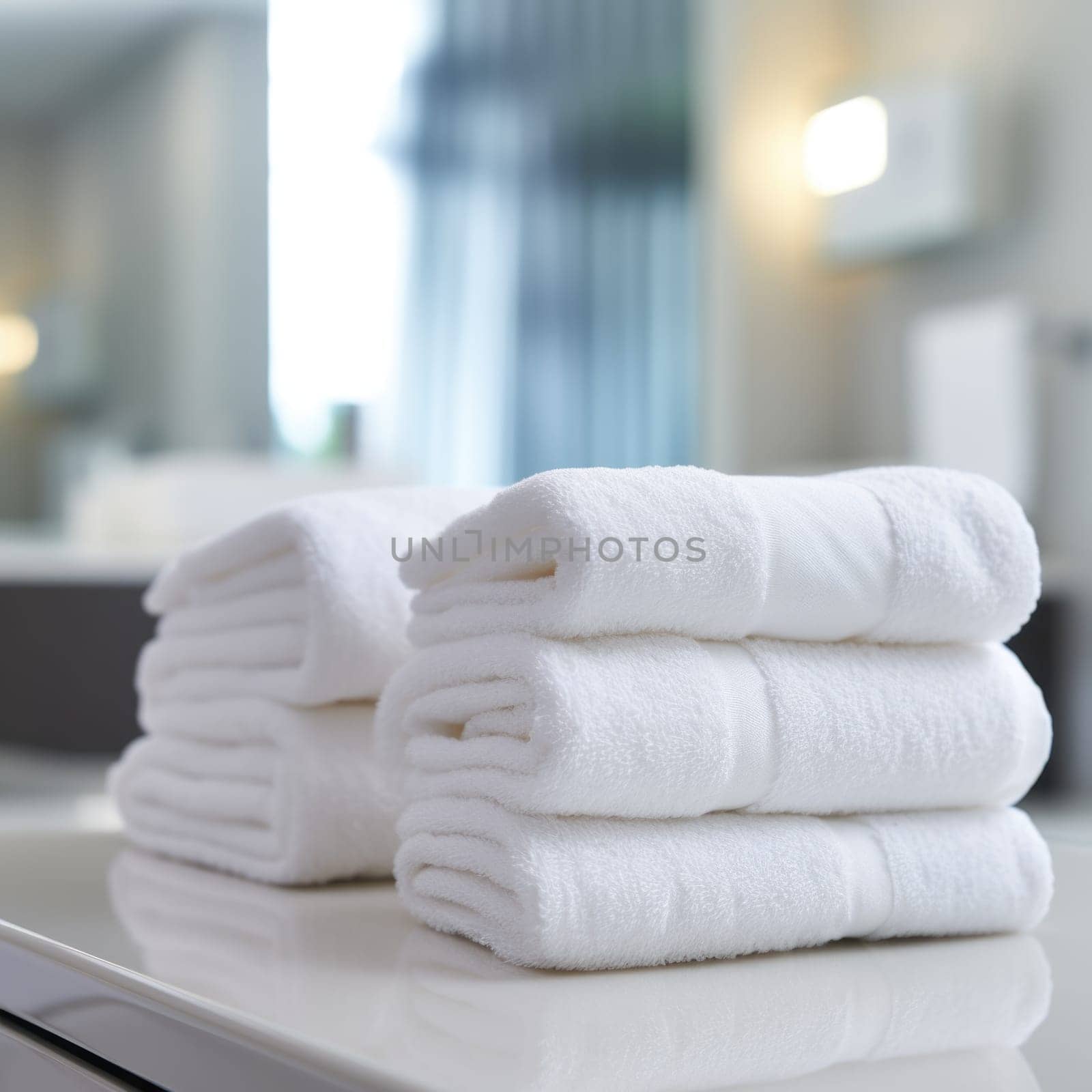 A stack of white towels on a counter