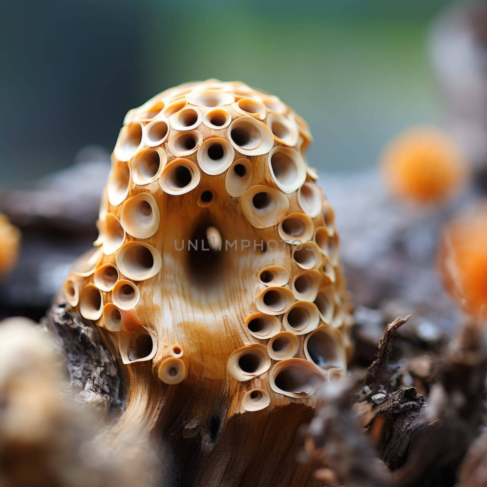 A close up of a mushroom with holes