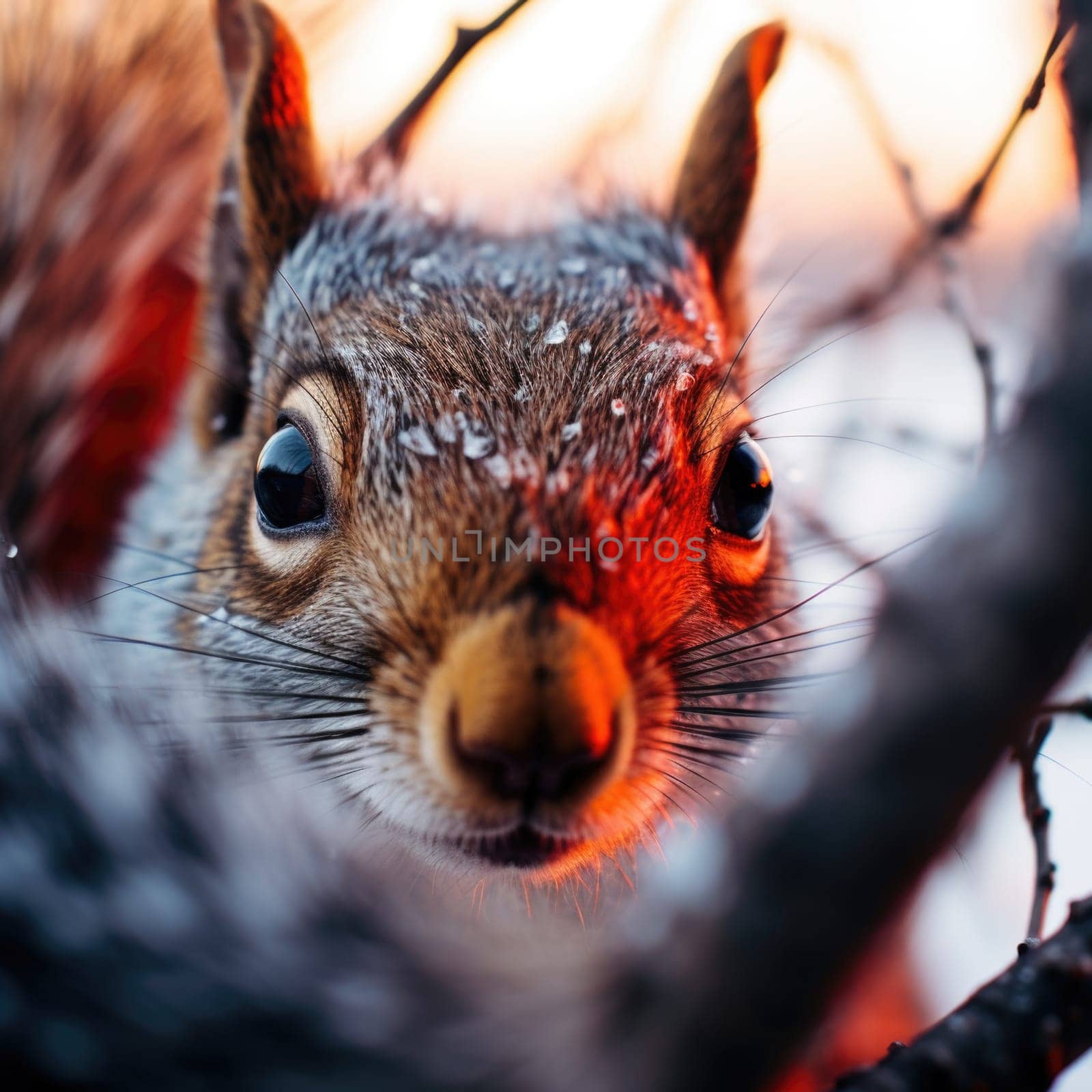 A close up of a squirrel with red eyes