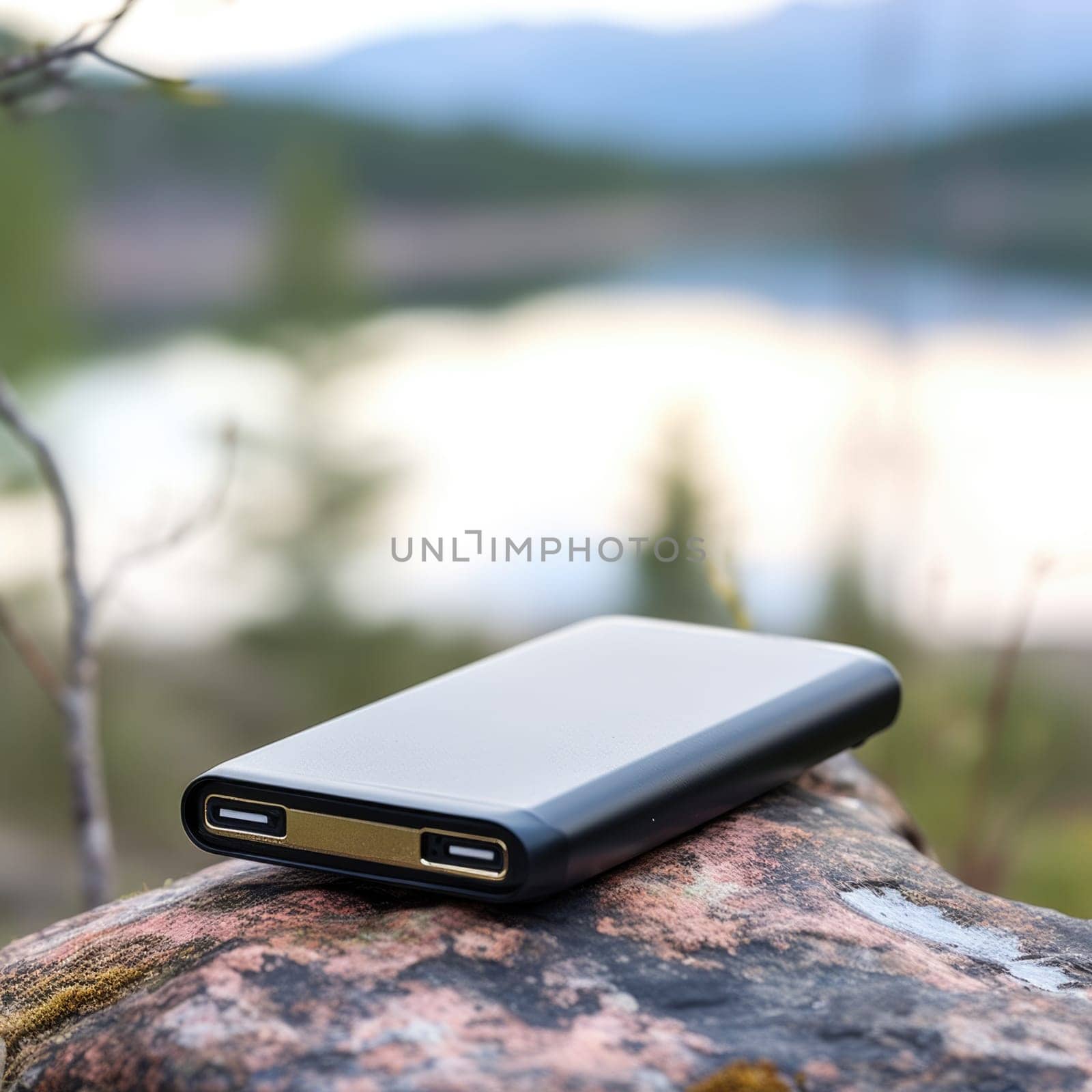A portable power bank sitting on top of a rock