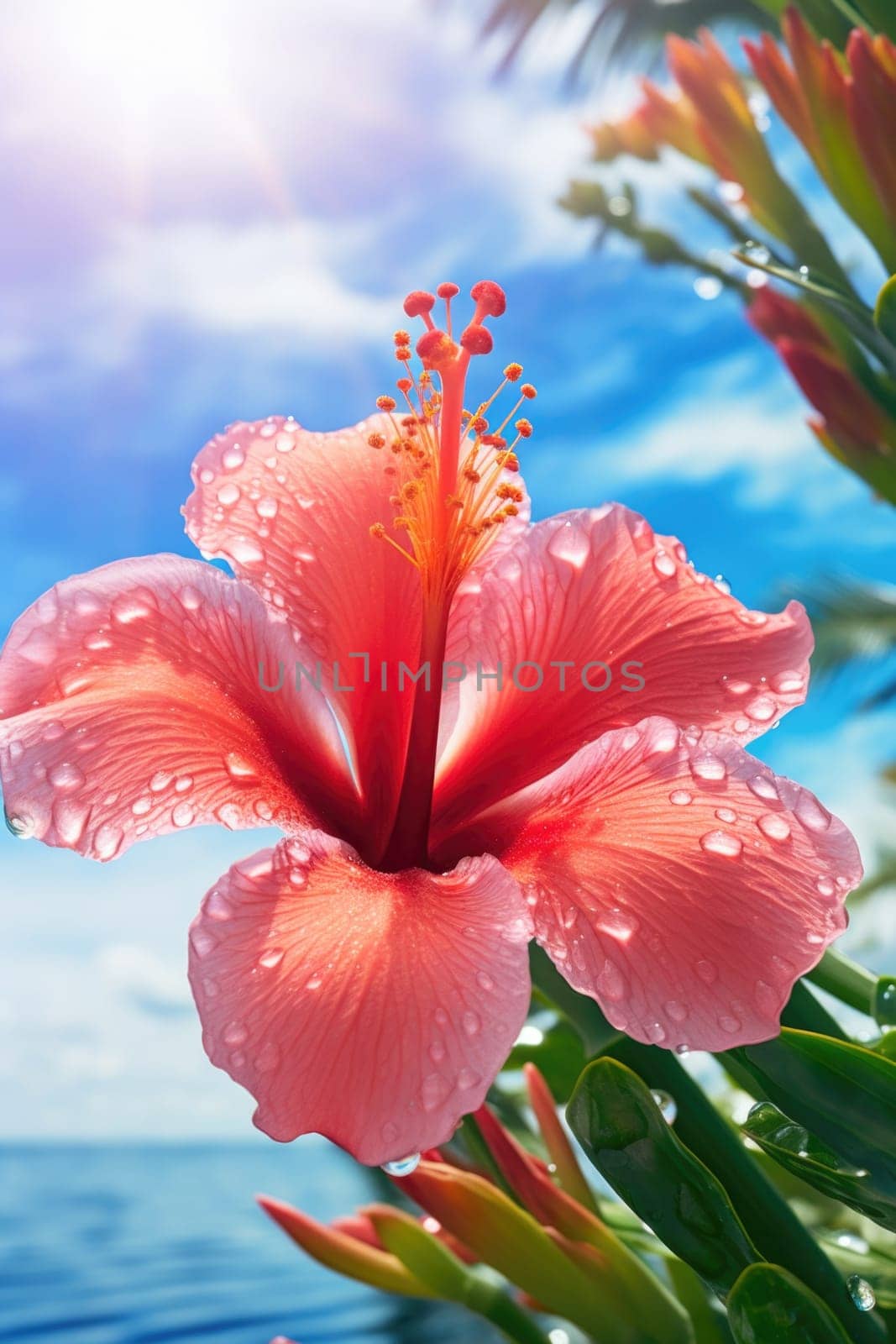 A red flower with water droplets on it in front of the ocean, AI by starush