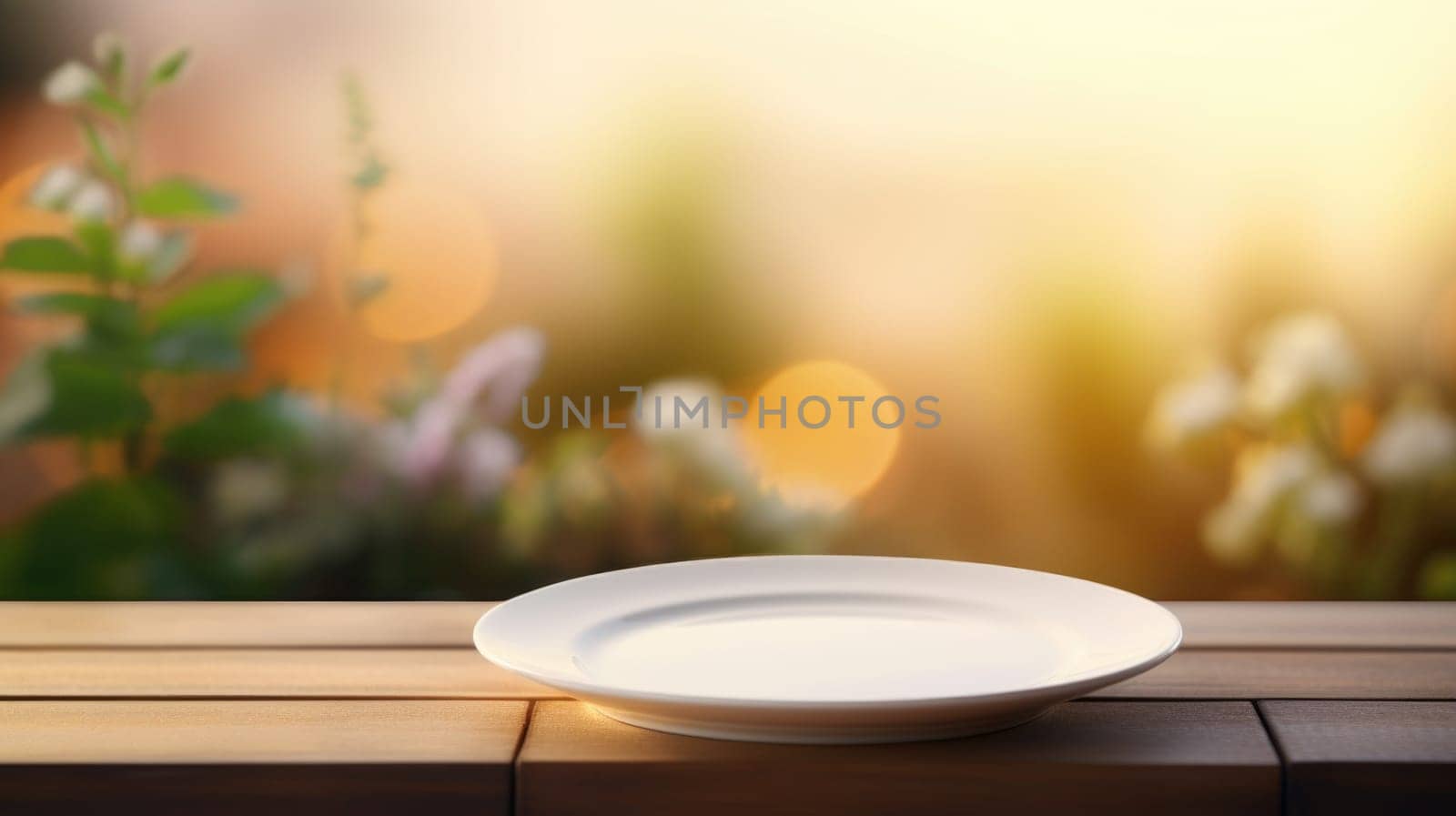 Empty plate on wooden table with blurred background