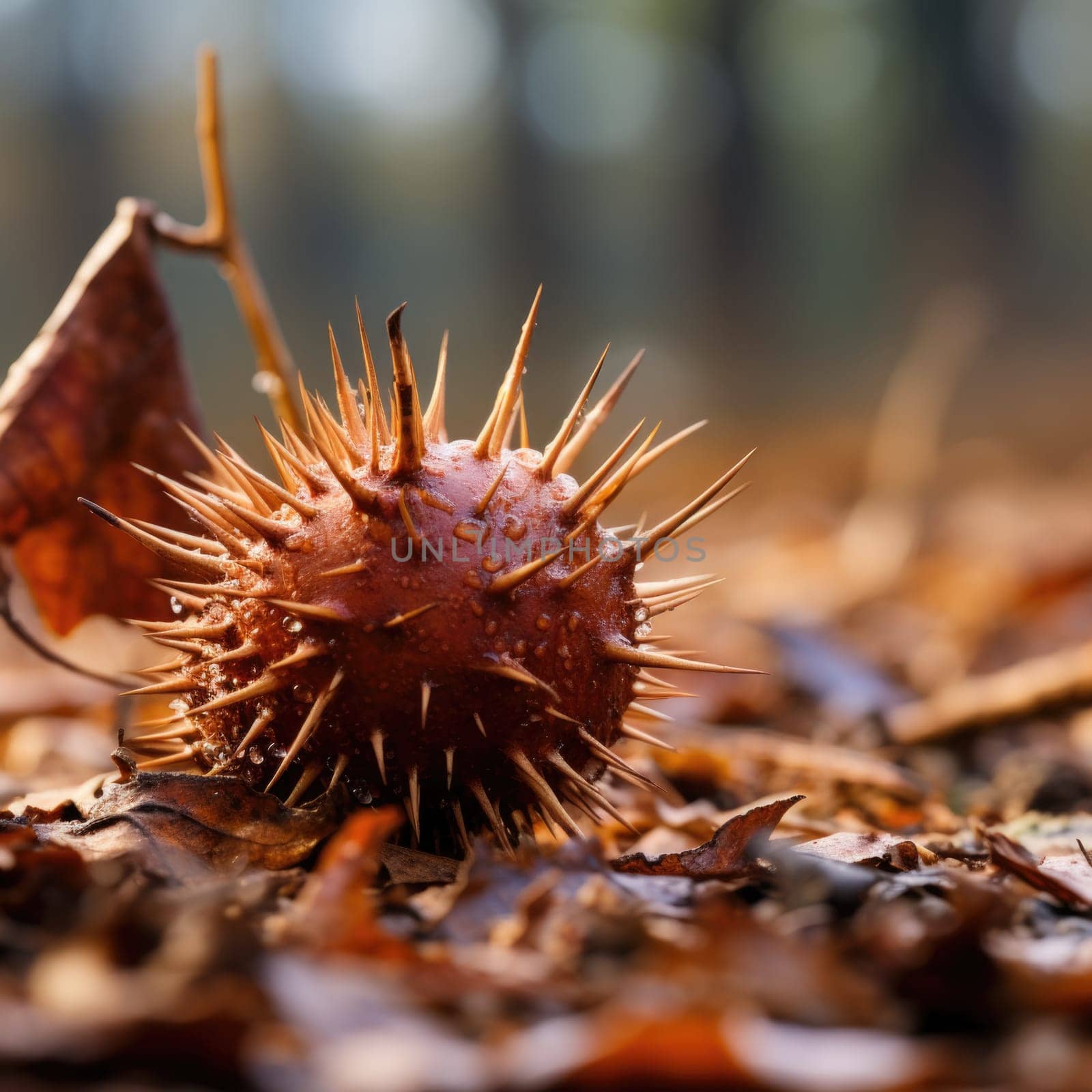 A red and brown spiky ball sitting on the ground, AI by starush