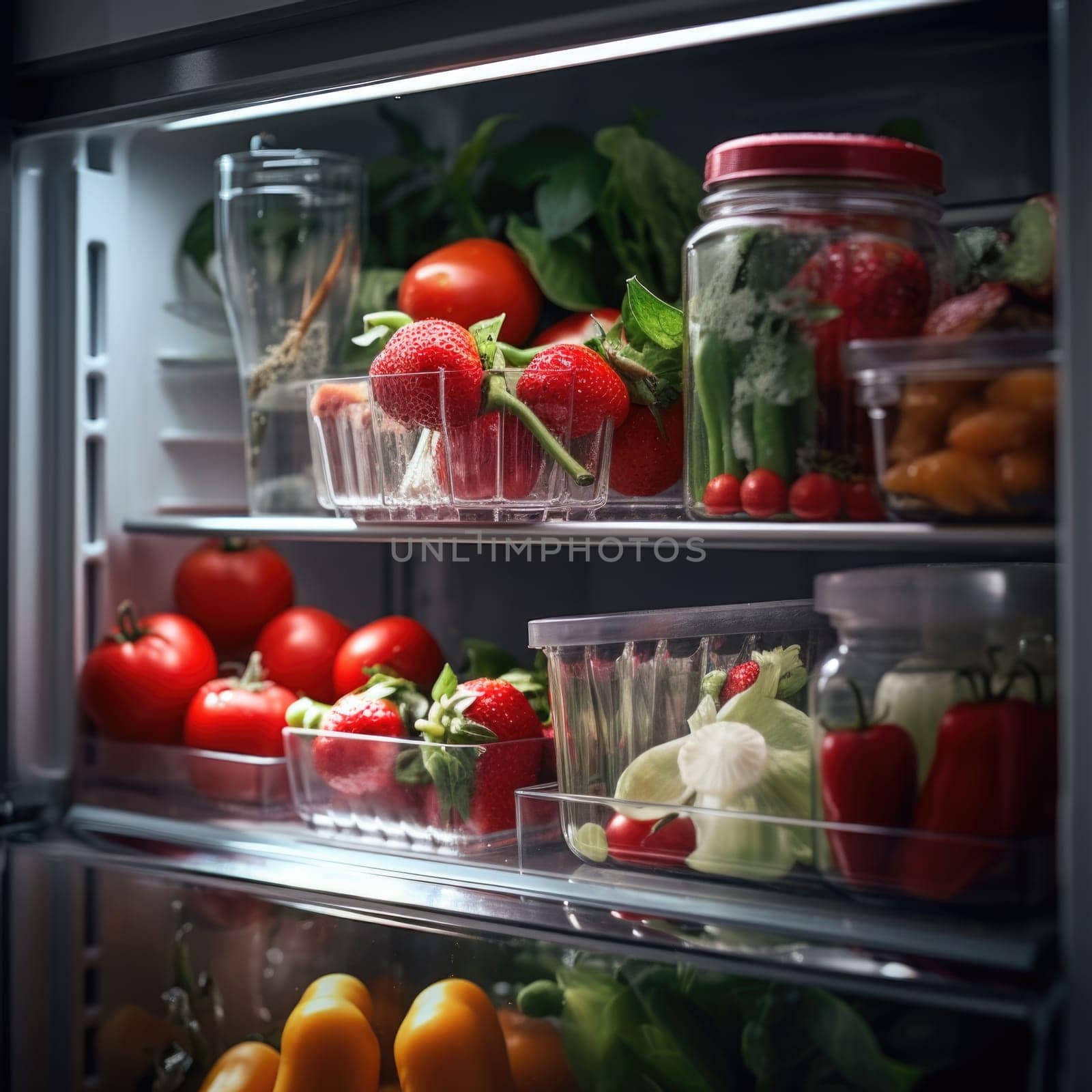 A refrigerator with fresh vegetables and fruits inside