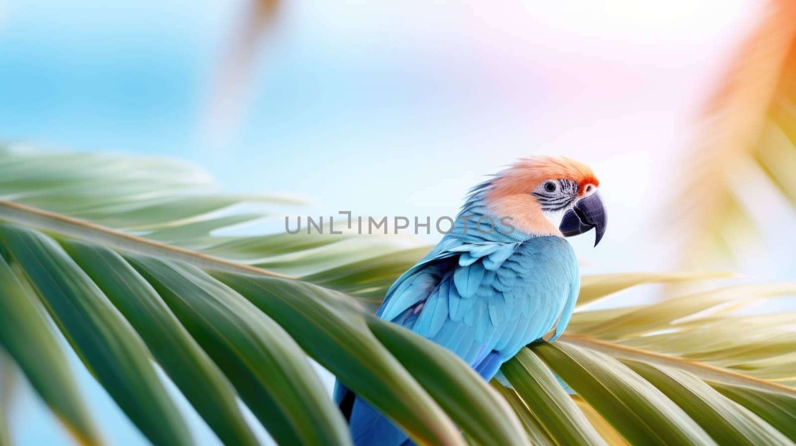 A blue and orange parrot sitting on a palm leaf