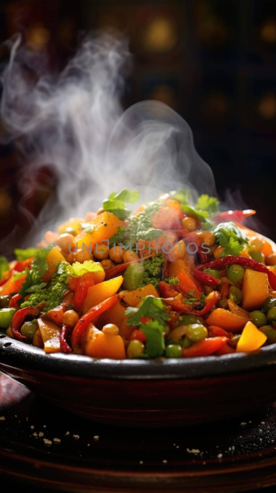 A bowl of traditional Moroccan tagine, vegetables and meat in it, AI by starush