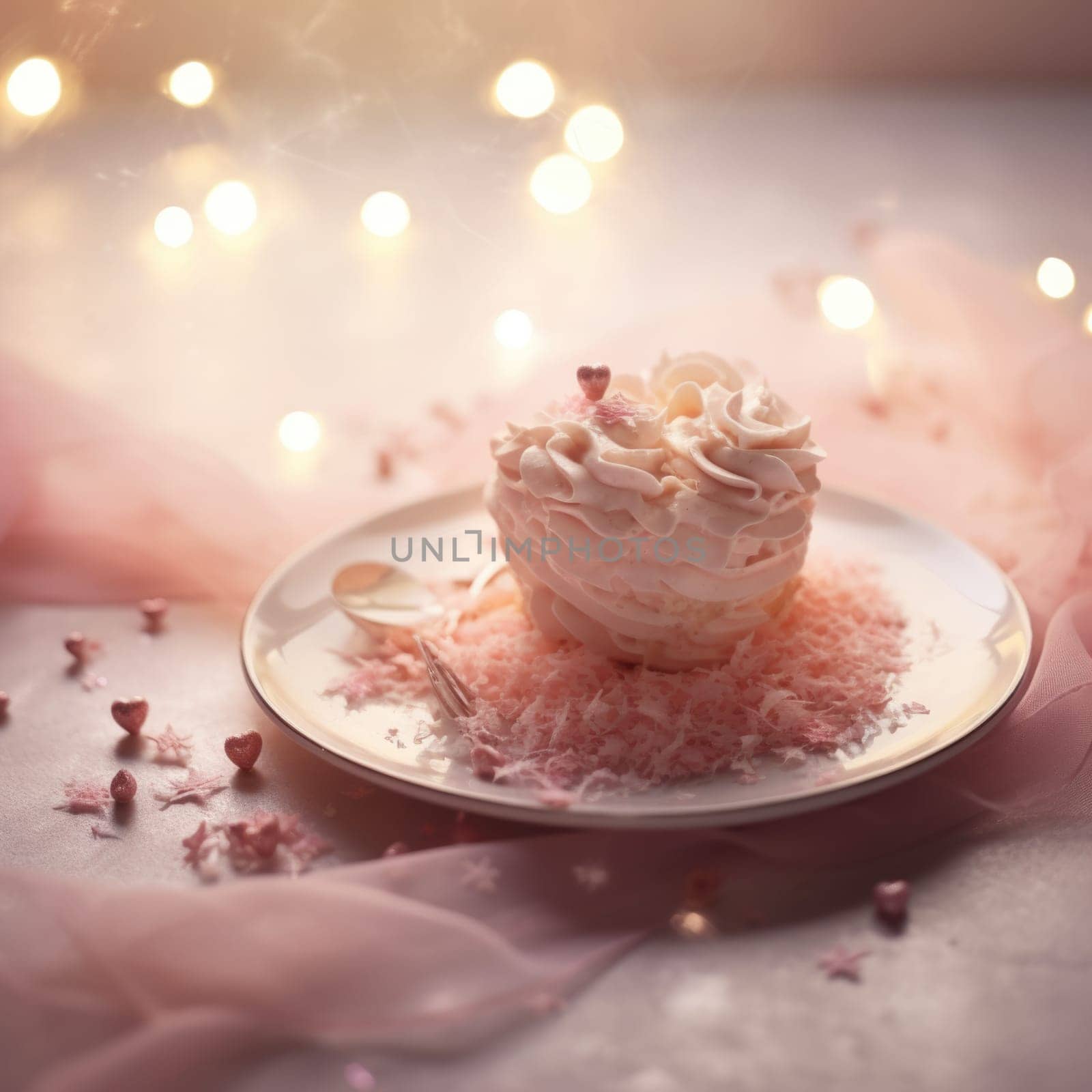 A cupcake on a plate with pink frosting, AI by starush