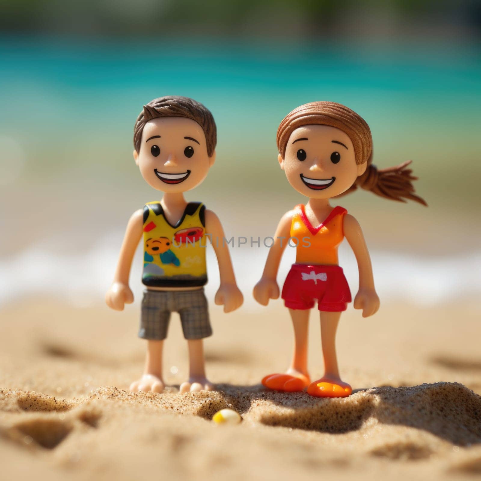 A couple of toy people standing on a beach