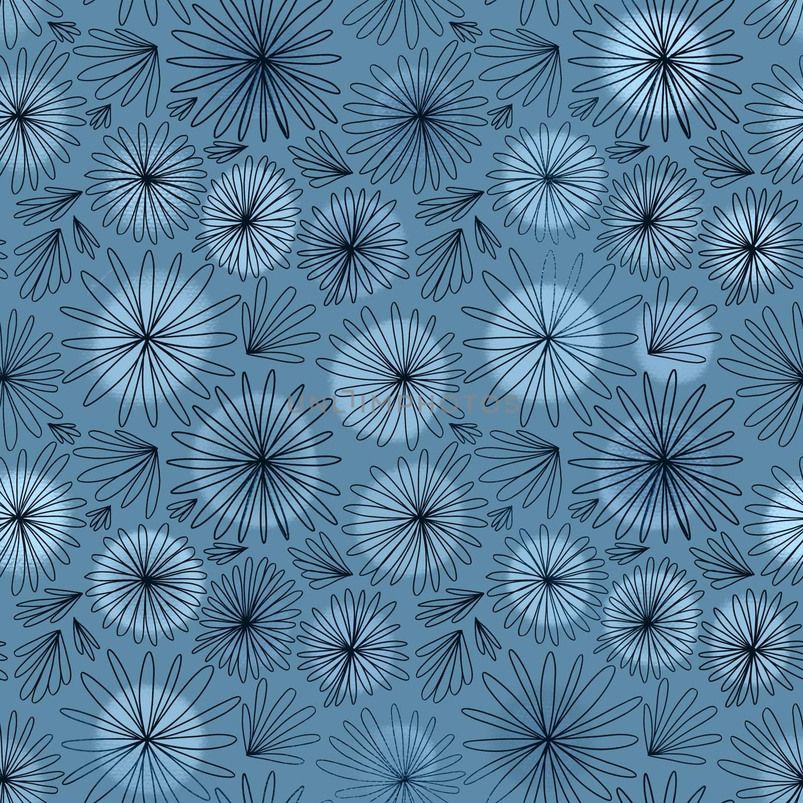Blue and white seamless pattern with flowers. Background with flowers in boho style by Dustick