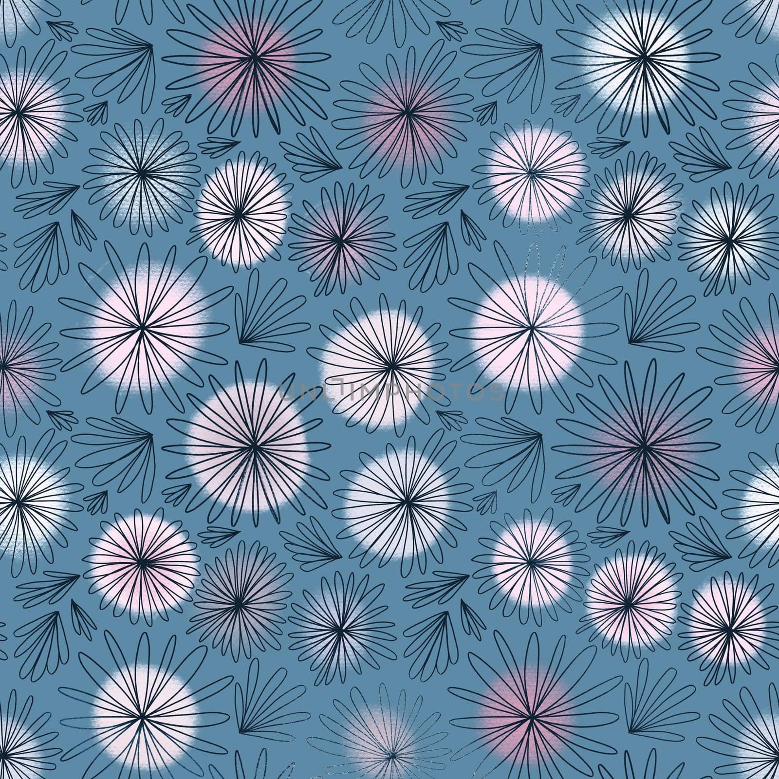 Blue and pink seamless pattern with flowers. Background in boho style