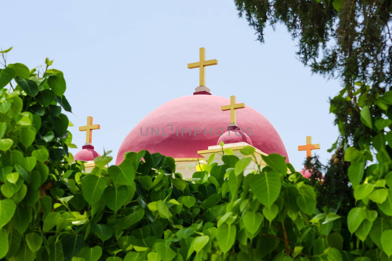 Christian Greek Orthodox Church of the Seven Apostles in Capernaum in natural foliage frame