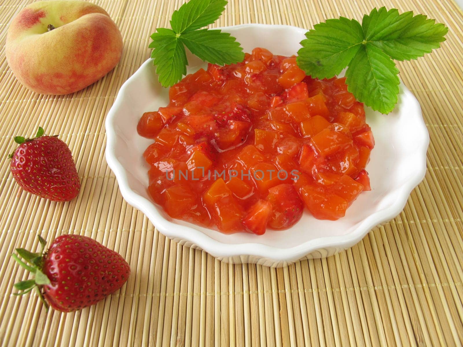 Red groats with strawberries and peaches