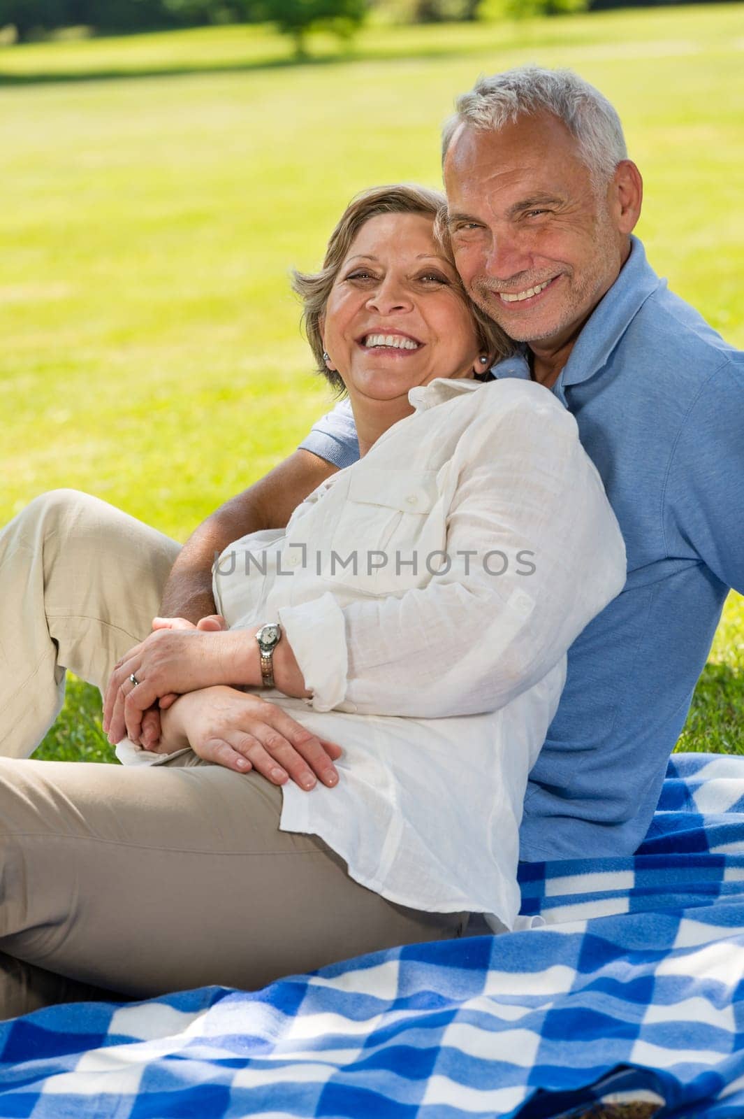 Happy senior couple in the park sitting on blanket
