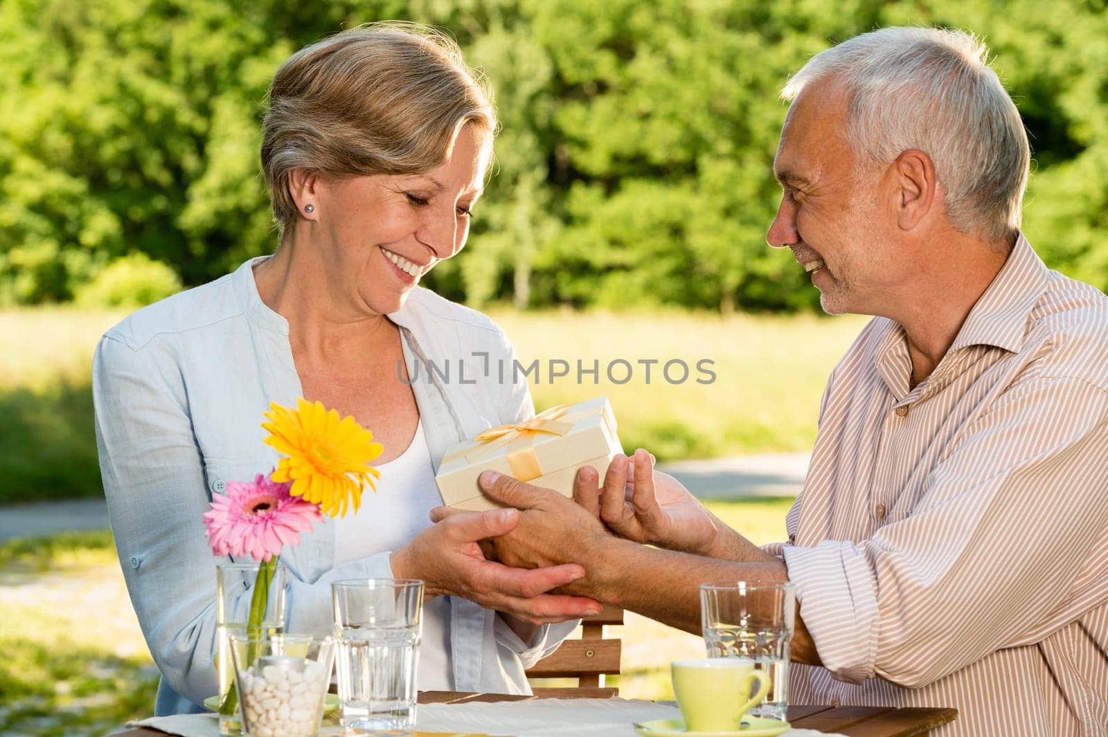 Retired Caucasian couple smiling and  holding gift outdoors