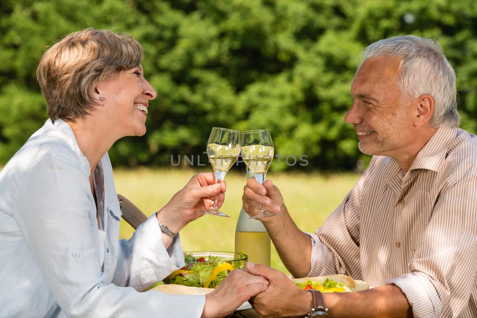 Elderly caucasian couple celebrating outdoors