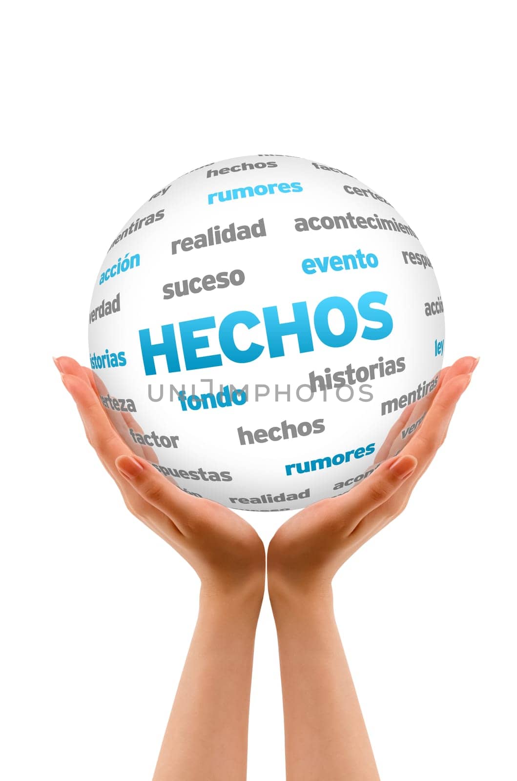 Hands holding a 3D Facts Word Sphere isolated on white background.