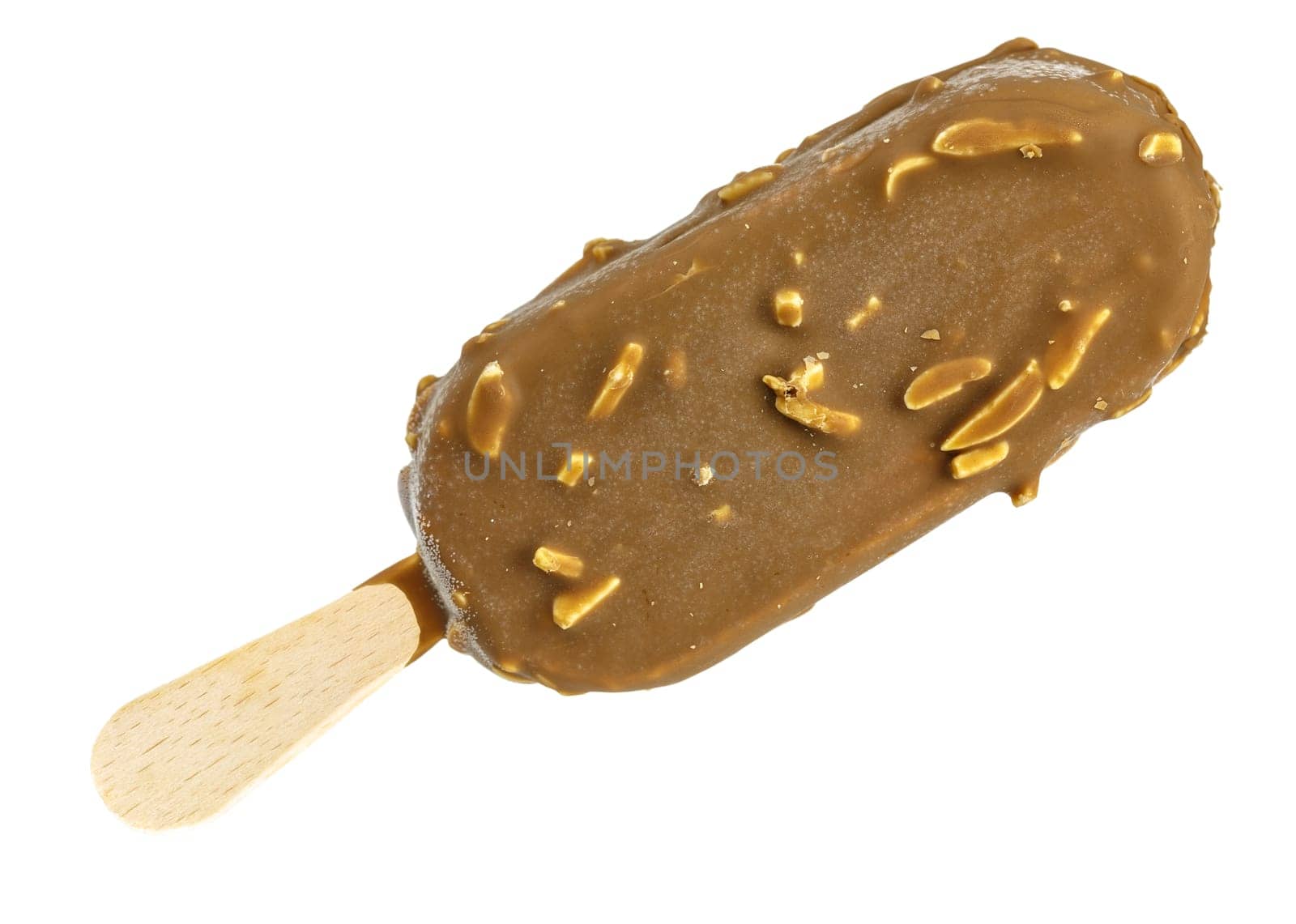 almond ice cream with wooden stick, isolated on white background