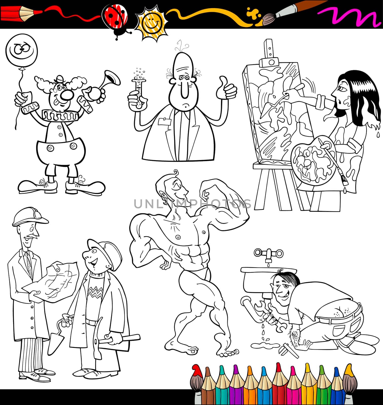 Coloring Book or Page Cartoon Illustration of Black and White Professional People Occupations Comic Characters Set for Children Education