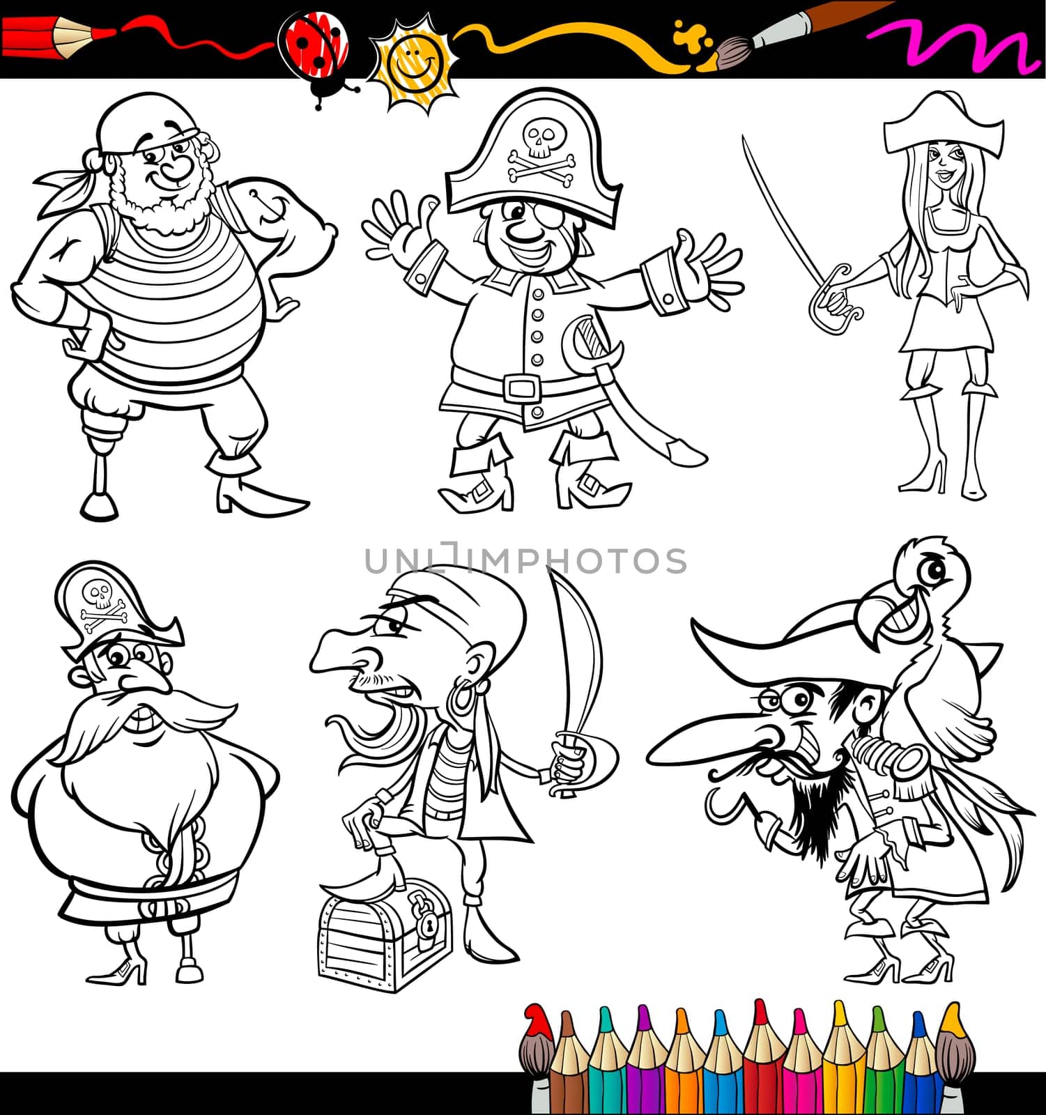 Coloring Book or Page Cartoon Illustration of Black and White Fantasy Pirates or Corsairs Mascot Characters Set for Children