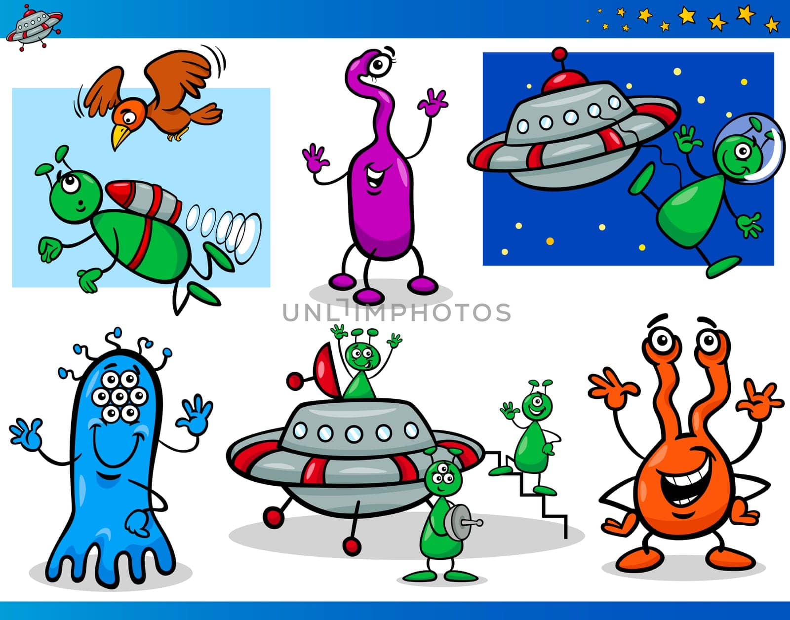 Cartoon Illustrations Set of Fantasy Aliens or Martians Comic Mascot Characters