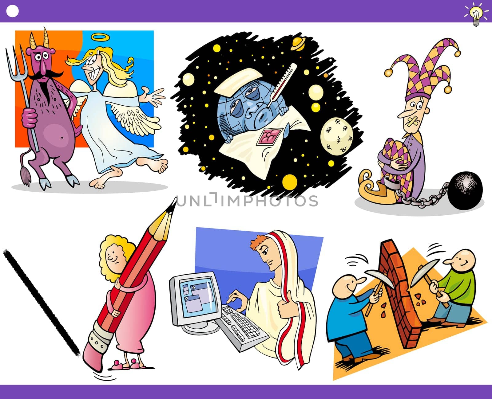 Illustration Set of Humorous Cartoon Concepts or Ideas and Metaphors with Funny Characters