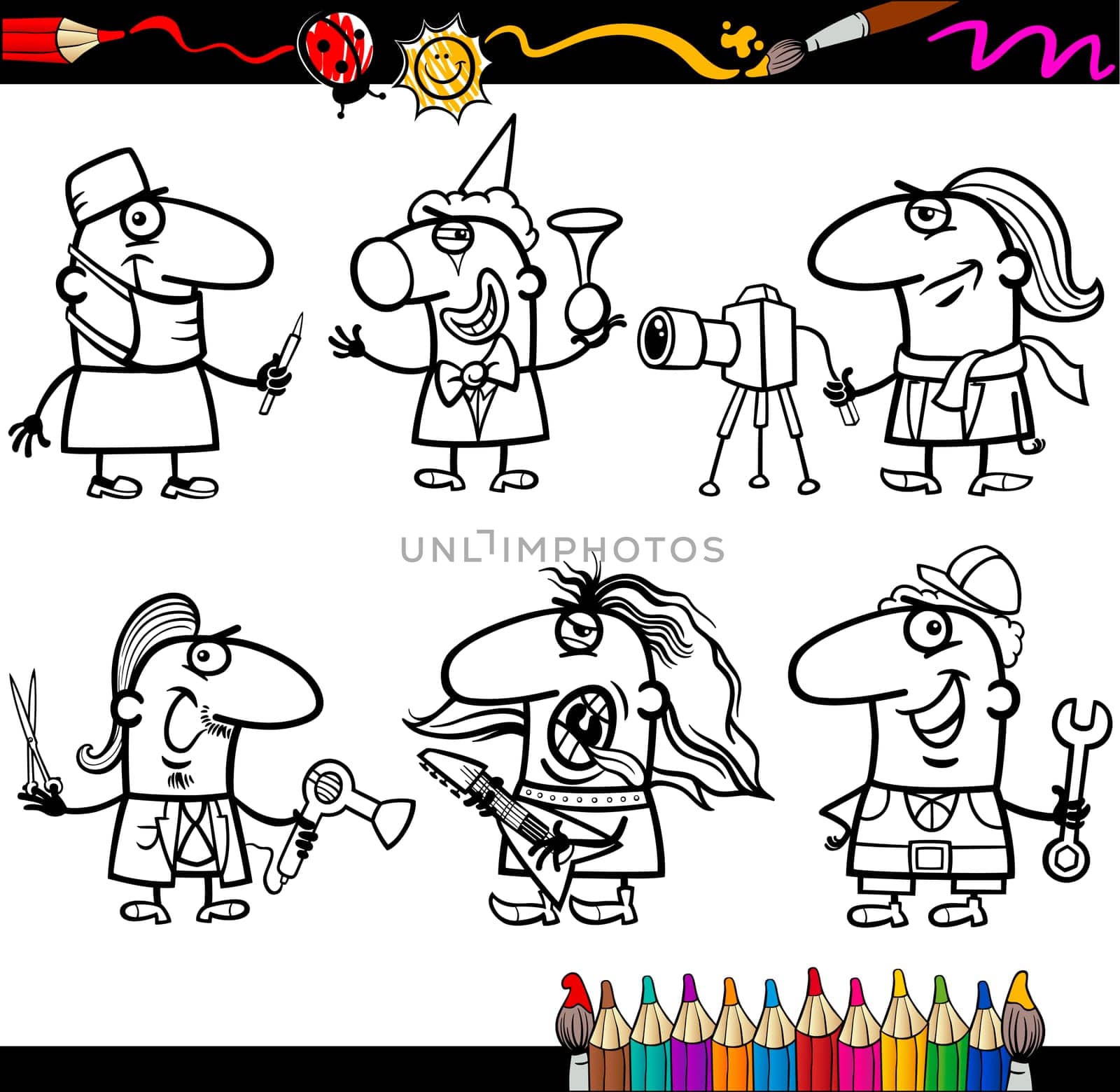 Coloring Book or Page Cartoon Illustration of Black and White Professional People Occupations Comic Characters Set for Children Education