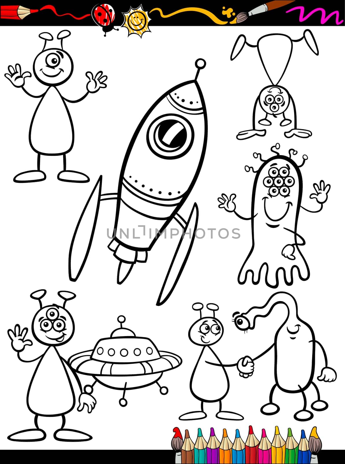 Coloring Book or Page Cartoon Illustration Set of Black and White Fantasy Aliens or Martians Ufo Comic Mascot Characters for Children