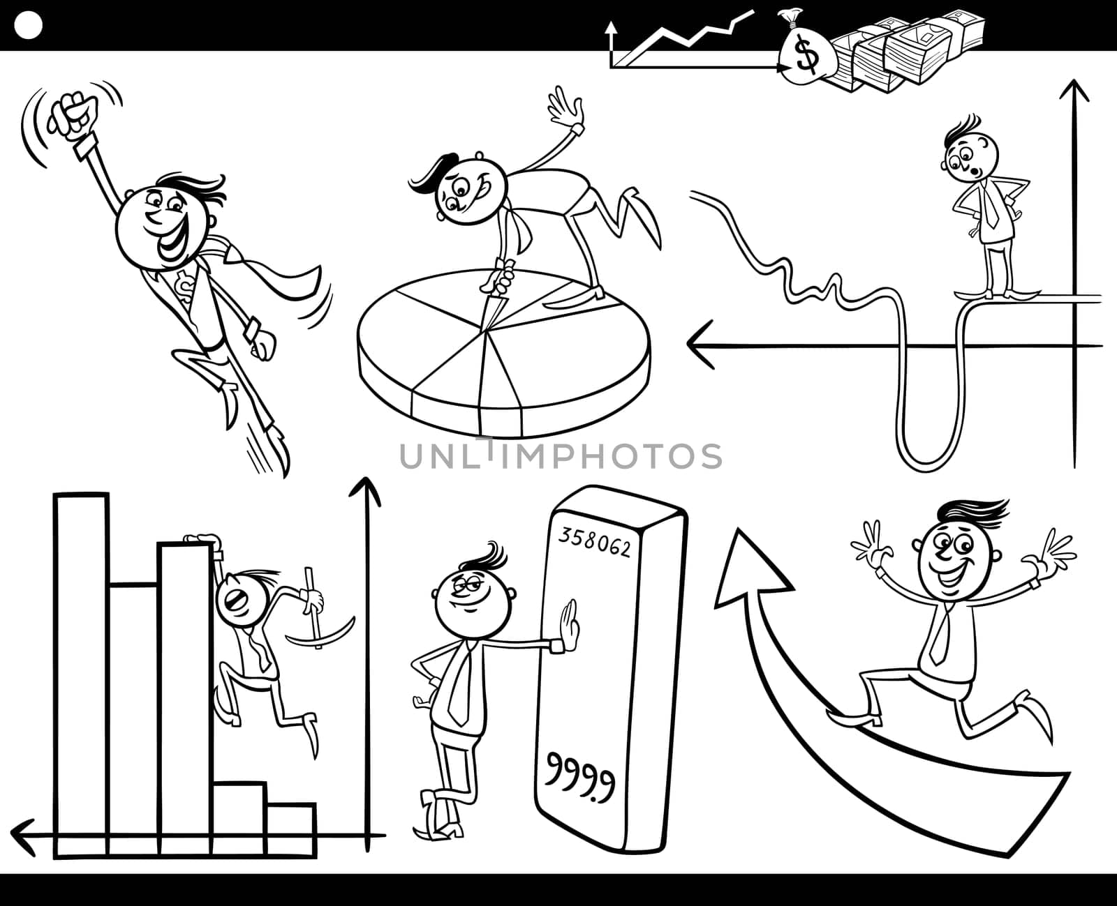 Black and White Concept Cartoon Illustration Set of Funny Men or Businessmen Characters and Business Metaphors