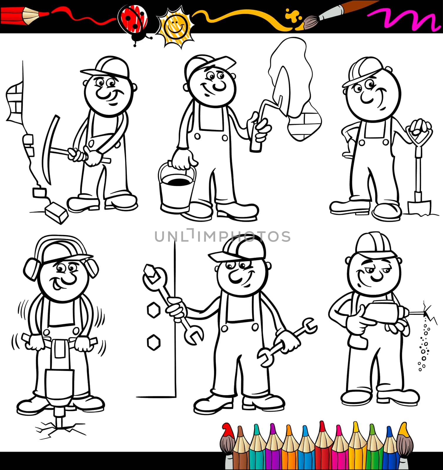 Coloring Book or Page Cartoon Illustration of Black and White Funny Manual Workers or Workmen at Work Characters Set for Children Education