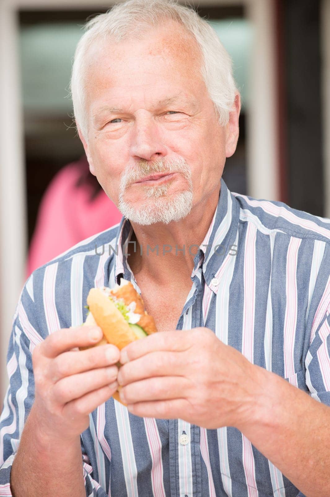Smiling senior eats a fish sandwich