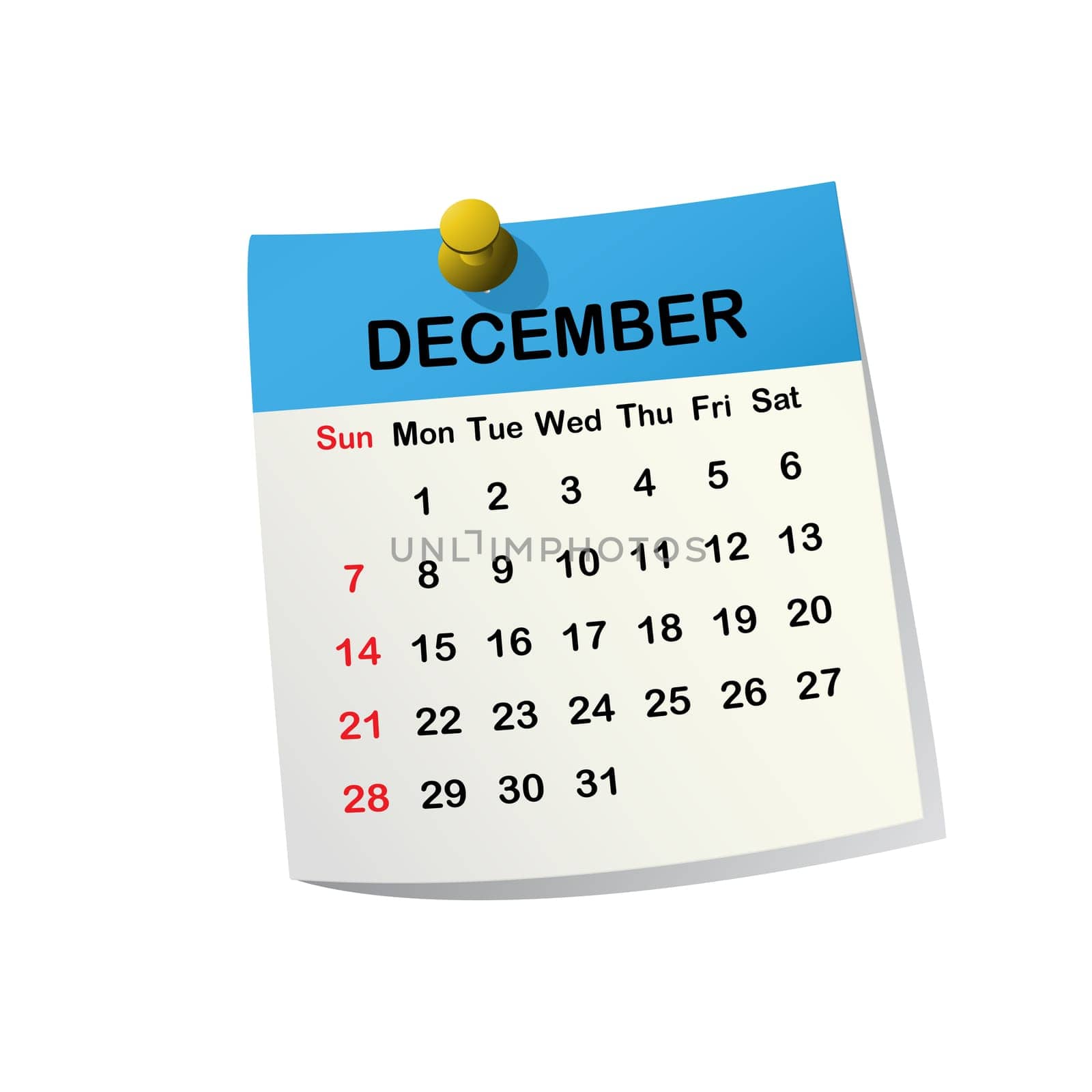2014 paper sheet calendar for December.