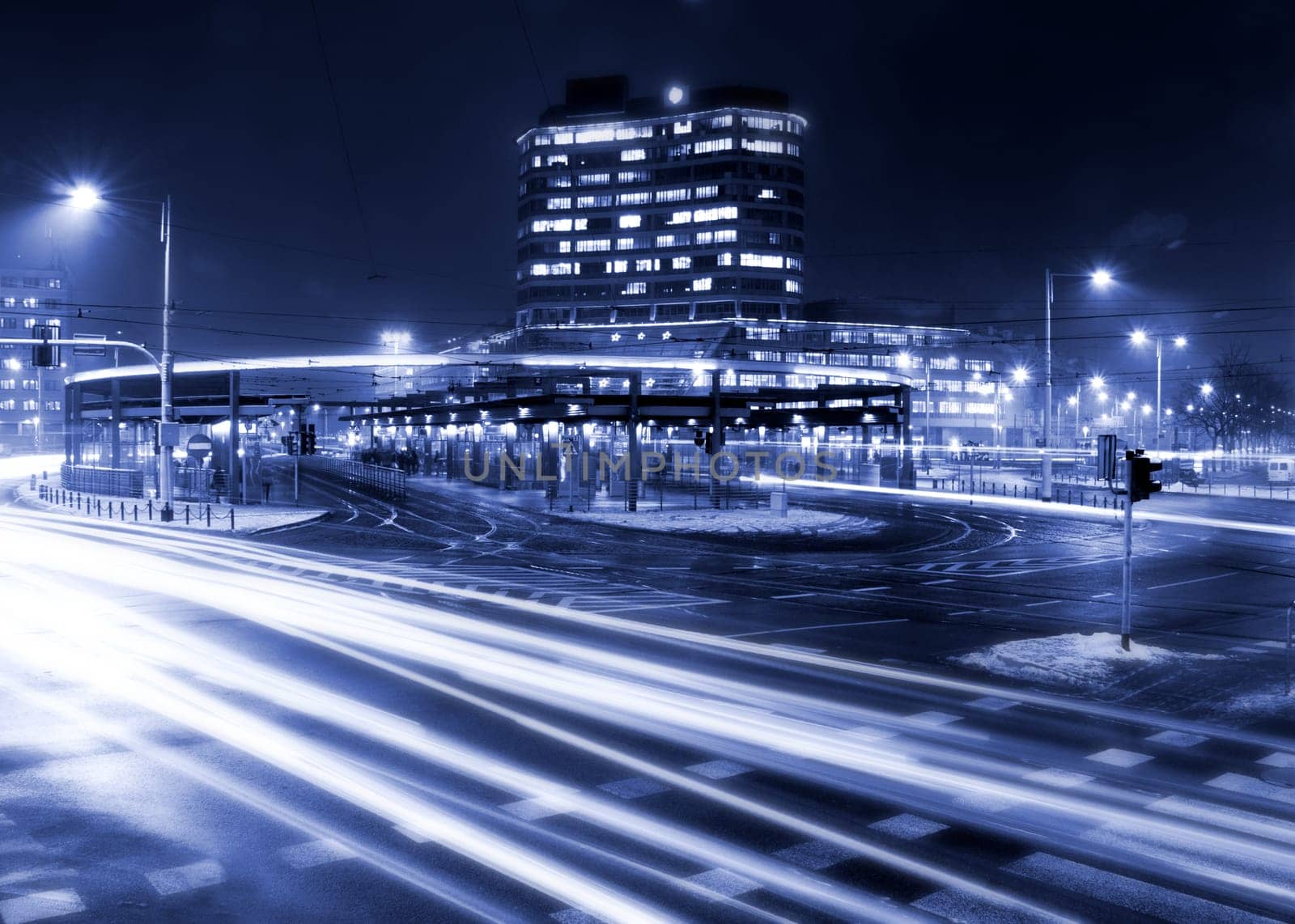 the light trails on the modern building in wroclaw