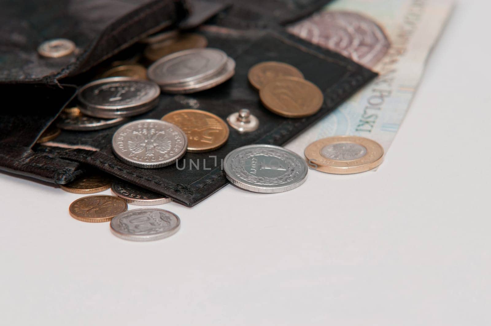 polish money - zloty,banknotes,coins and wallet on white backgroung