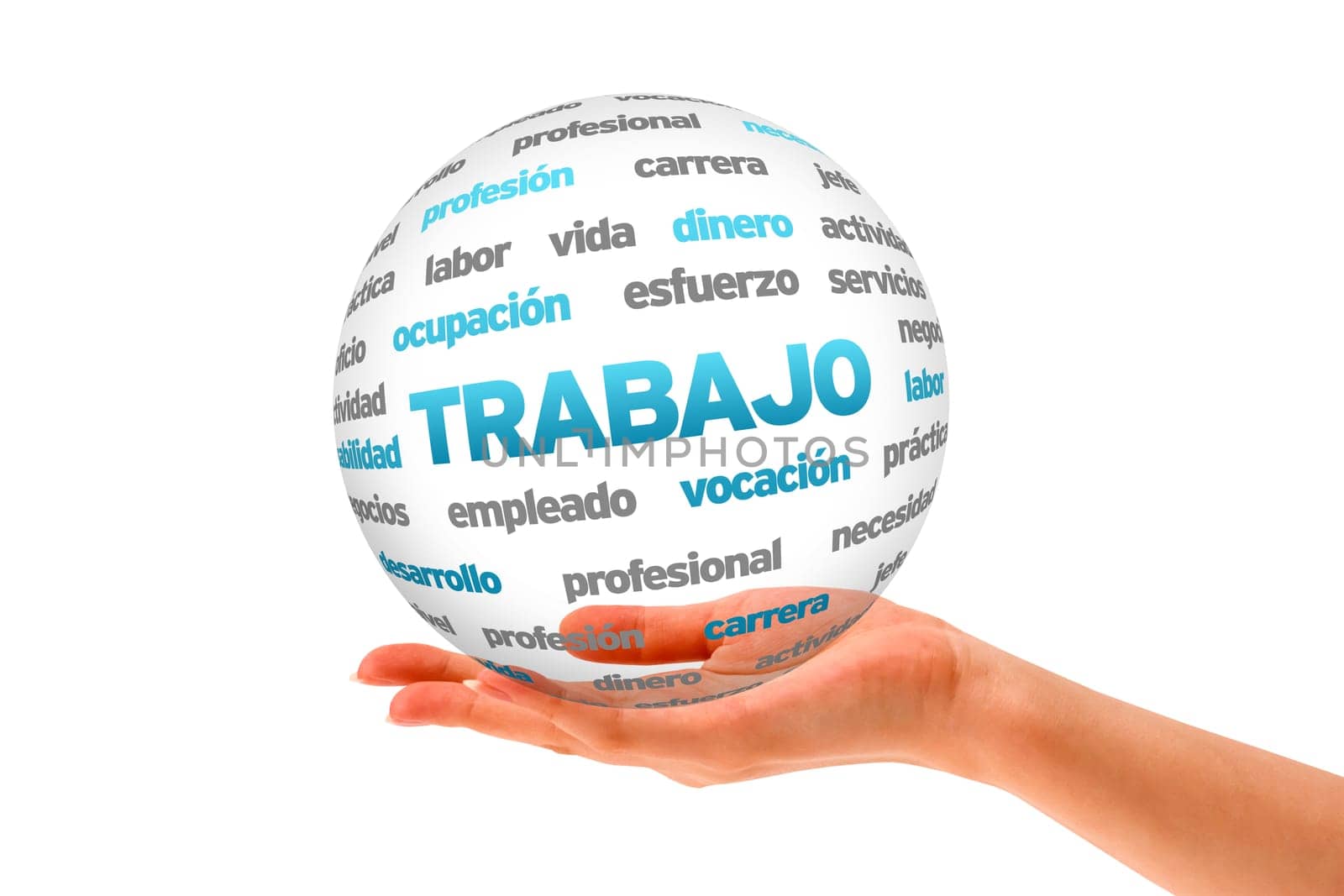 Hand holding a Work 3D Sphere on white background.