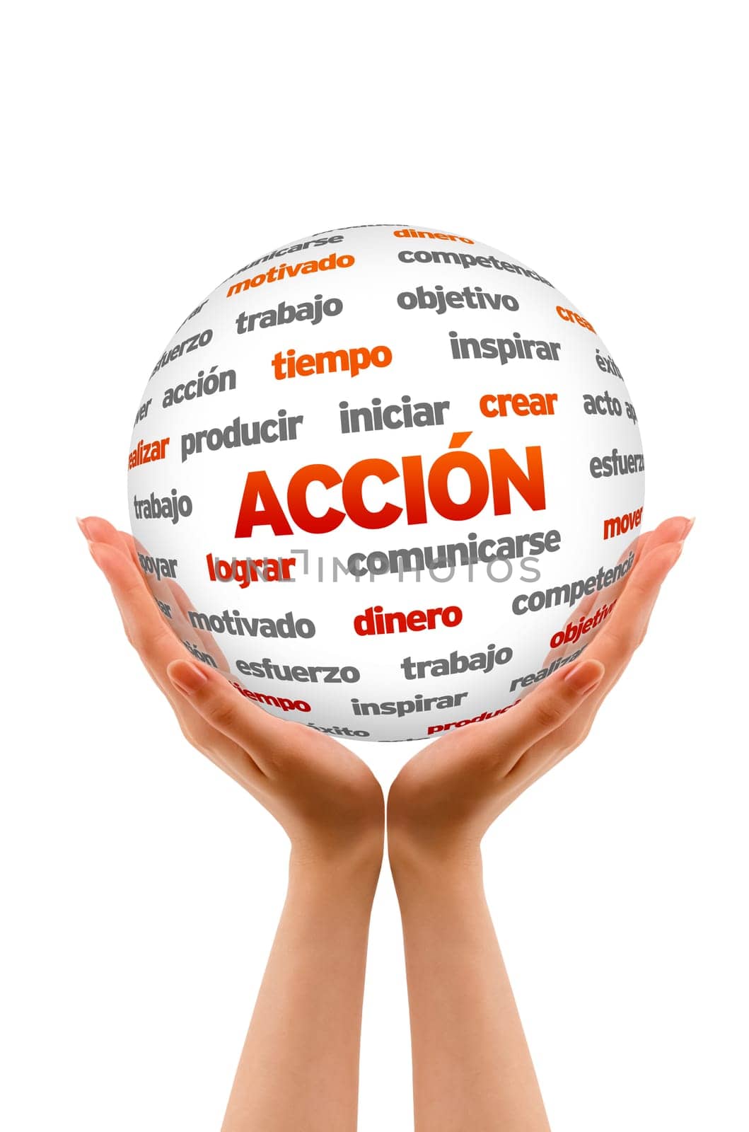 Hands holding a 3D Action Sphere in white background.