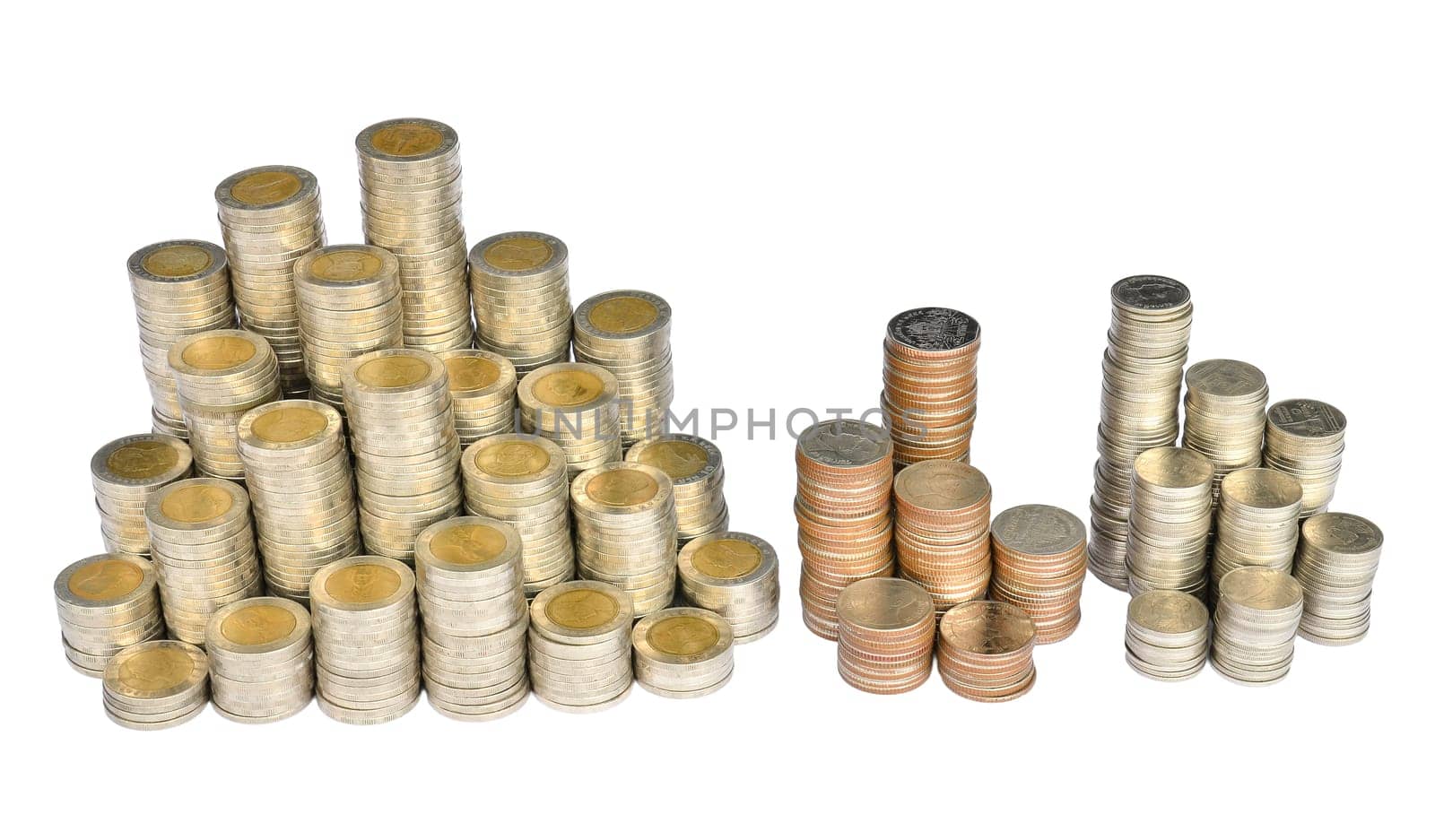 stack of Thai coins baht on white background
