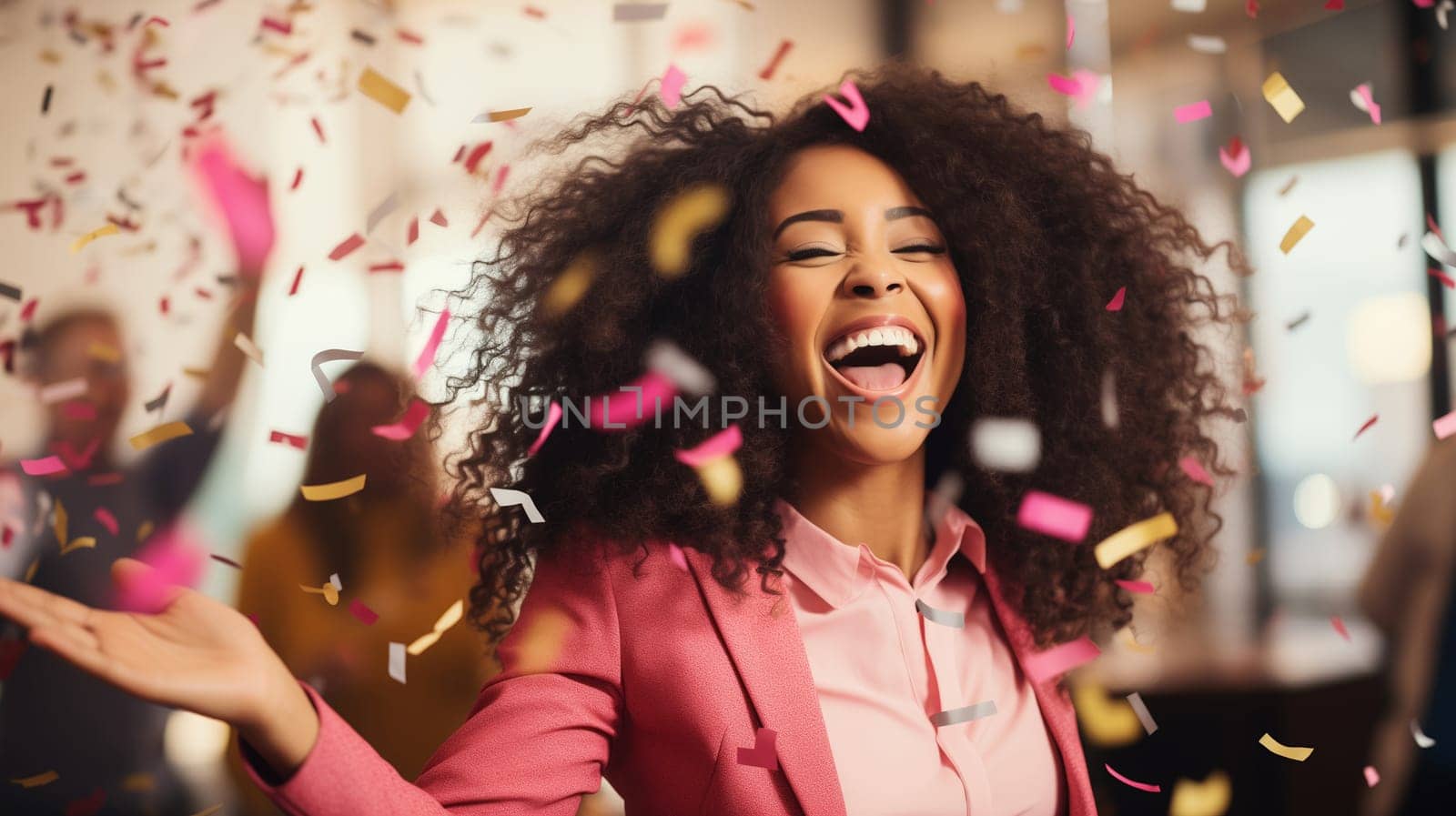 Happy joyful black businesswoman celebrating with her colleagues business people, cheerful African woman having a party having fun in the office