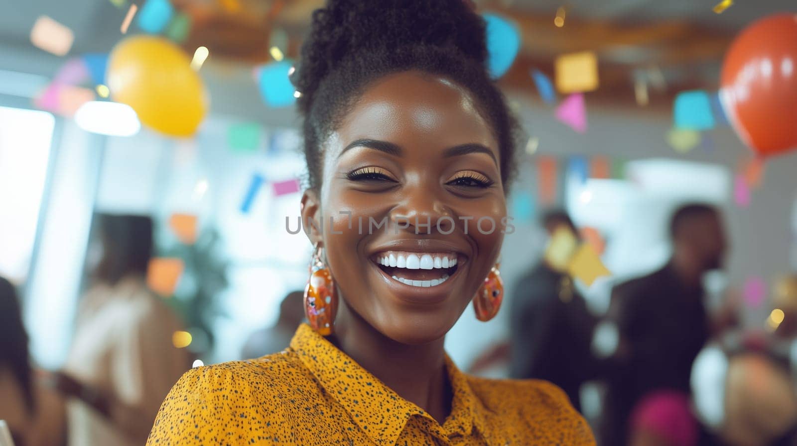 Happy joyful black businesswoman celebrating with her colleagues business people, cheerful African woman having a party having fun in the office