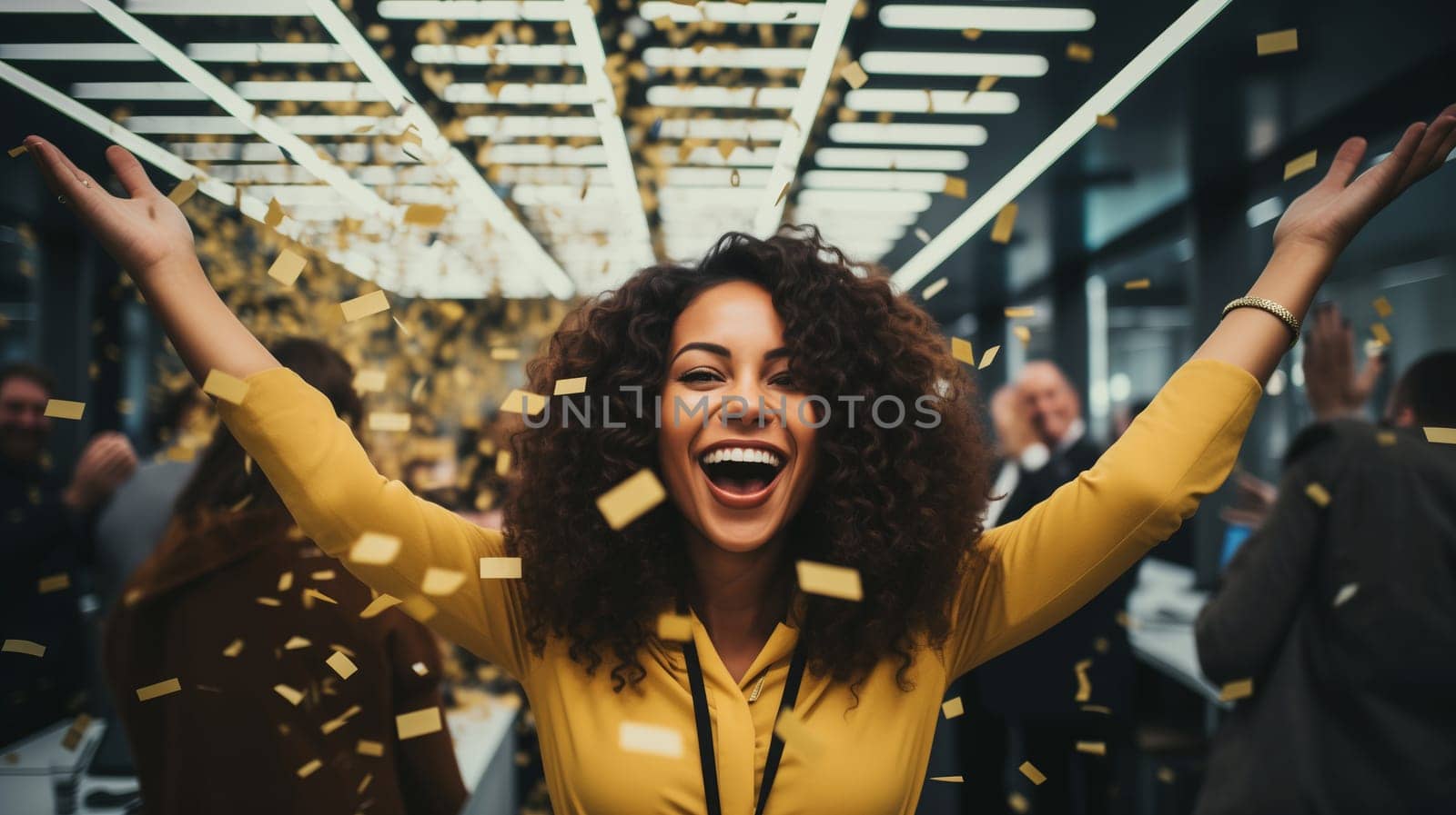 Happy joyful black businesswoman celebrating with her colleagues business people, cheerful African woman having a party having fun in the office