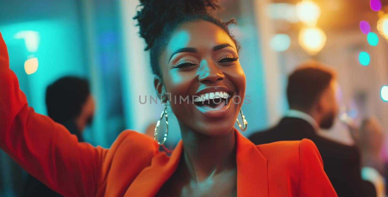 Happy joyful black businesswoman celebrating with her colleagues business people, cheerful African woman having a party having fun in the office