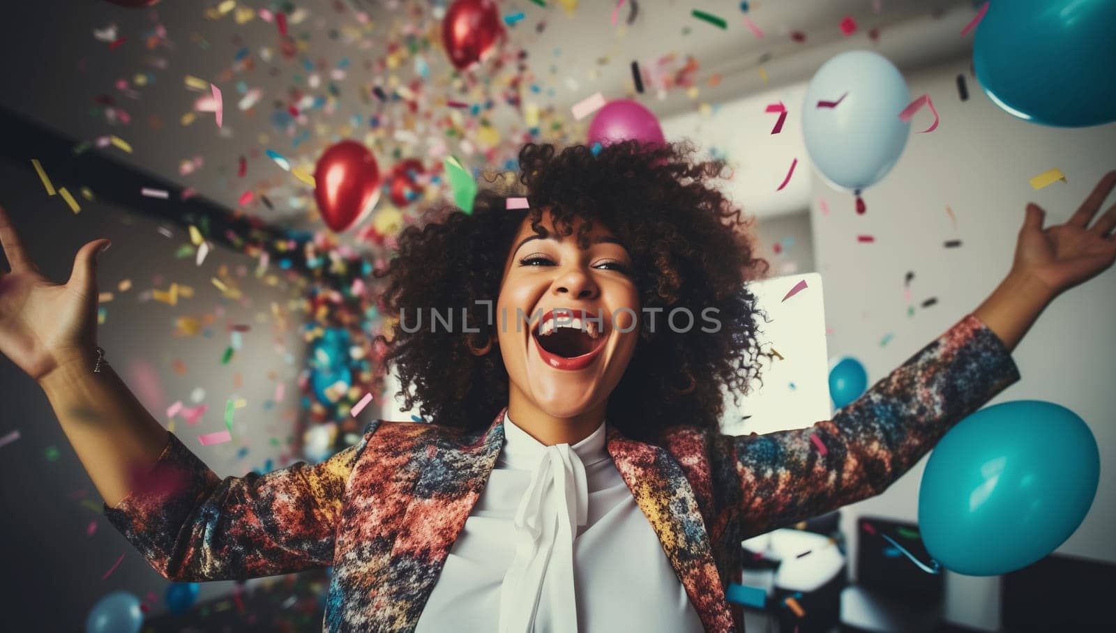 Happy joyful black businesswoman celebrating with her colleagues business people, cheerful African woman having a party having fun in the office