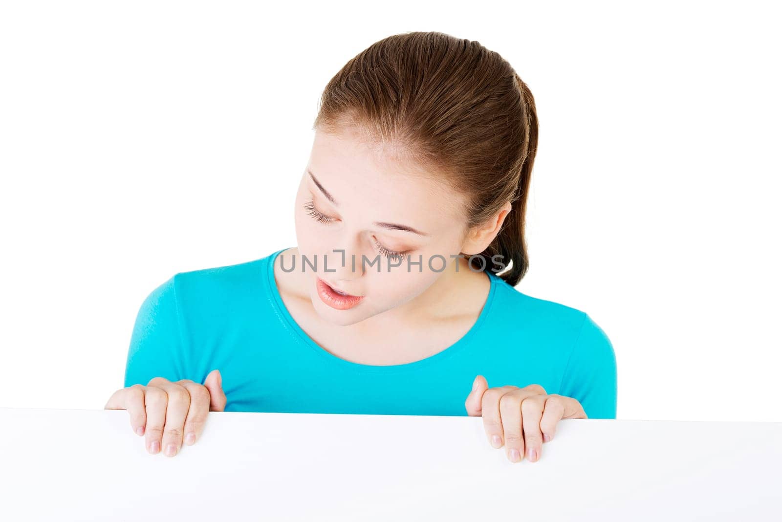 portrait of happy young woman with blank board,isoalted on white