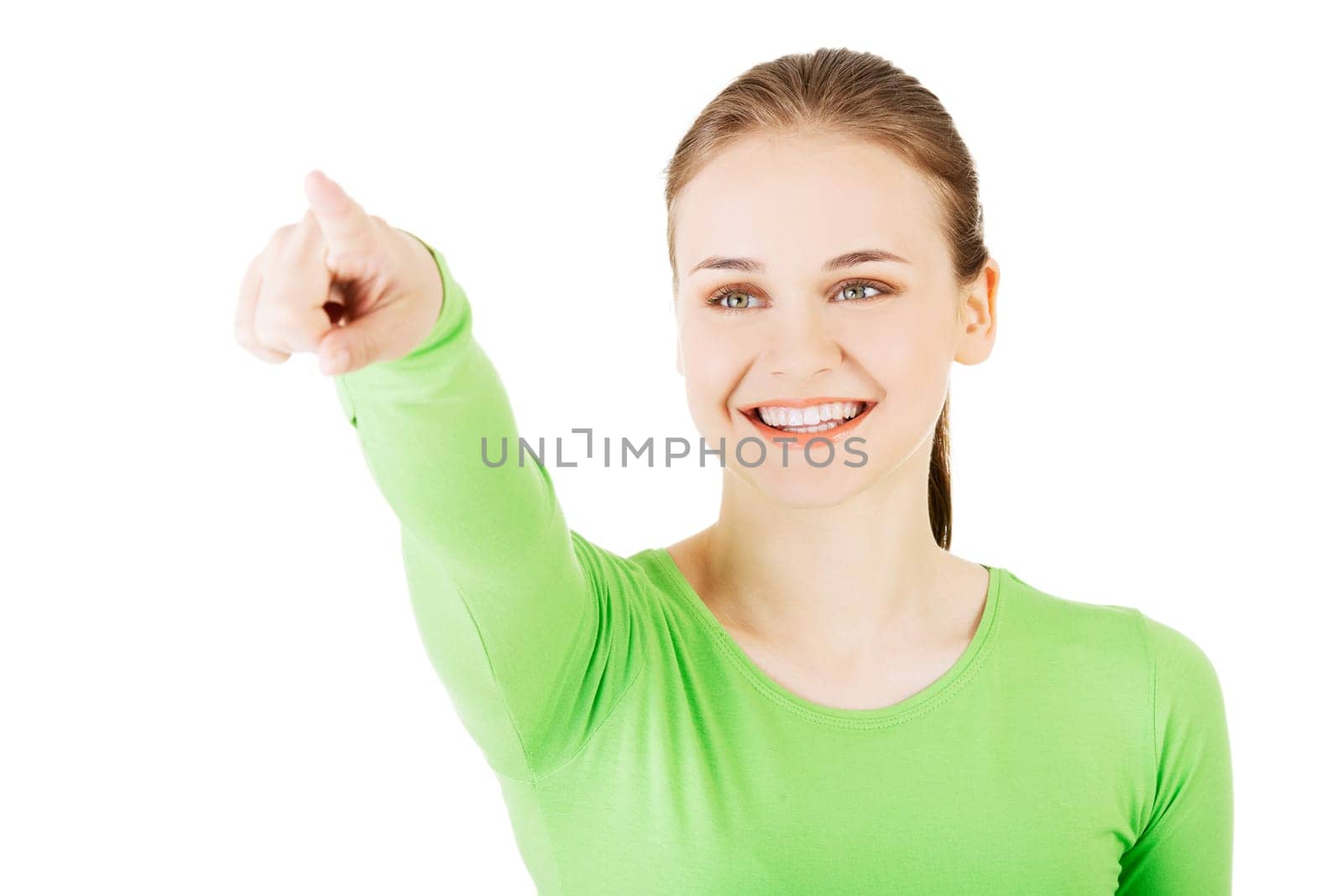 young beautiful woman making a choice on abstract screen. isolated on white