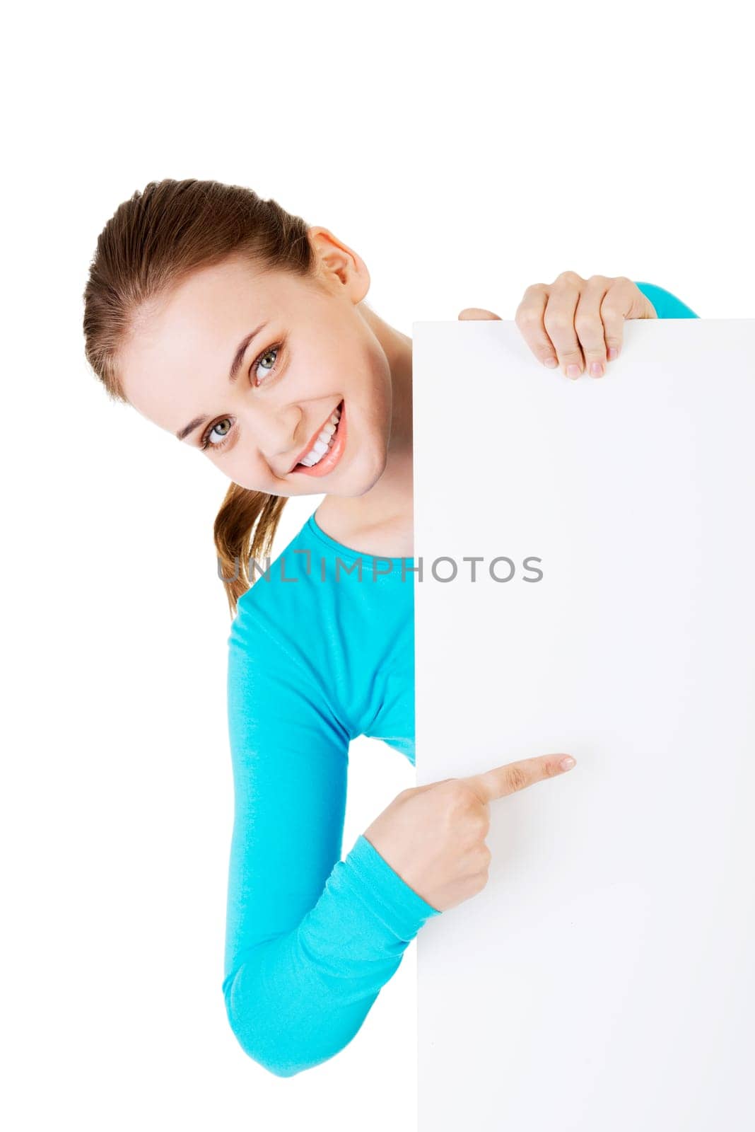 Portrait young happy woman with blank board,isoalted on white