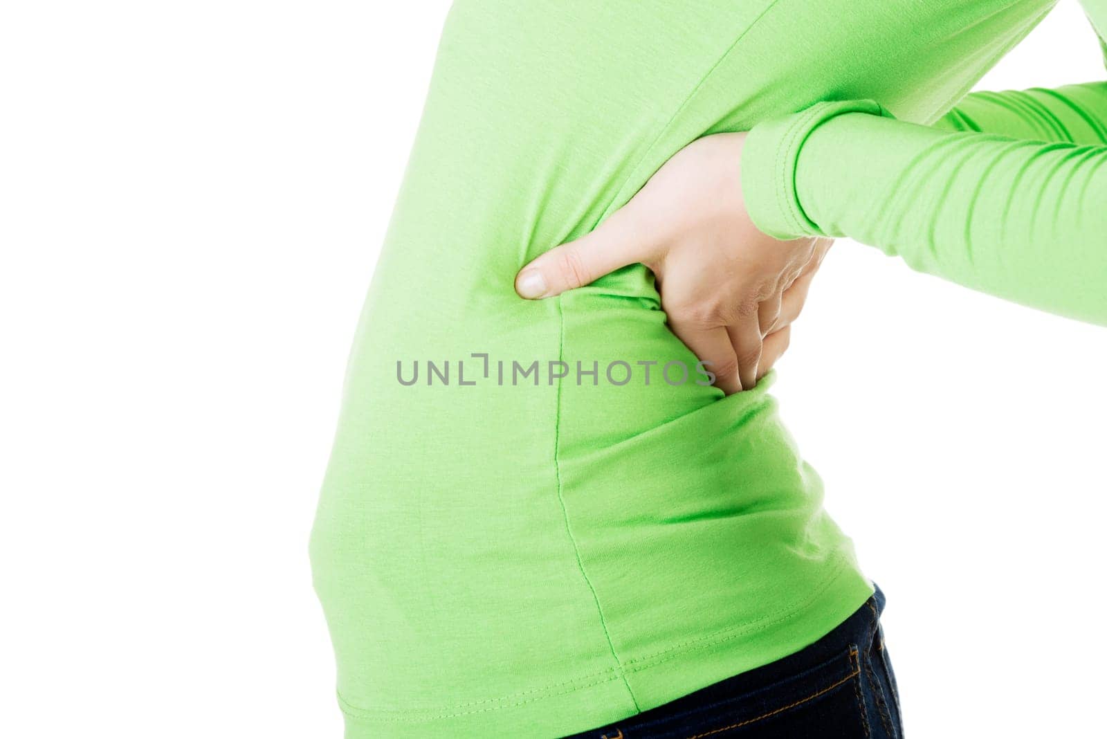 teen student woman with back pain isolated