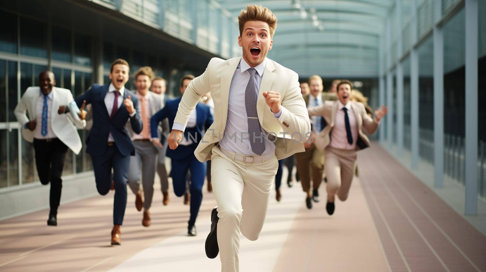 Happy funny running joyful businessman with colleagues having a race in the office, cheerful business people having fun together